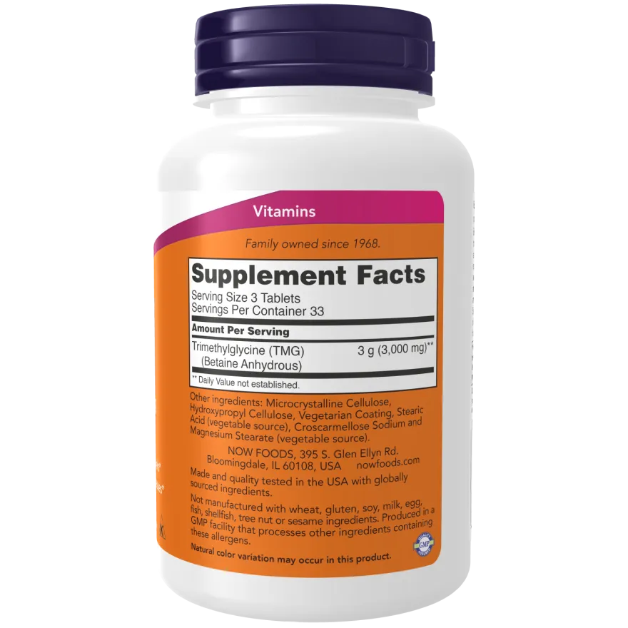 NOW TMG 1000mg Trimethylglycine (Betaine Anhydrous) Supplement - Supports Heart Health, Liver Function & Methylation - Vegan, Non-GMO (100 Capsules) - Perfect for Athletes & Active Lifestyles