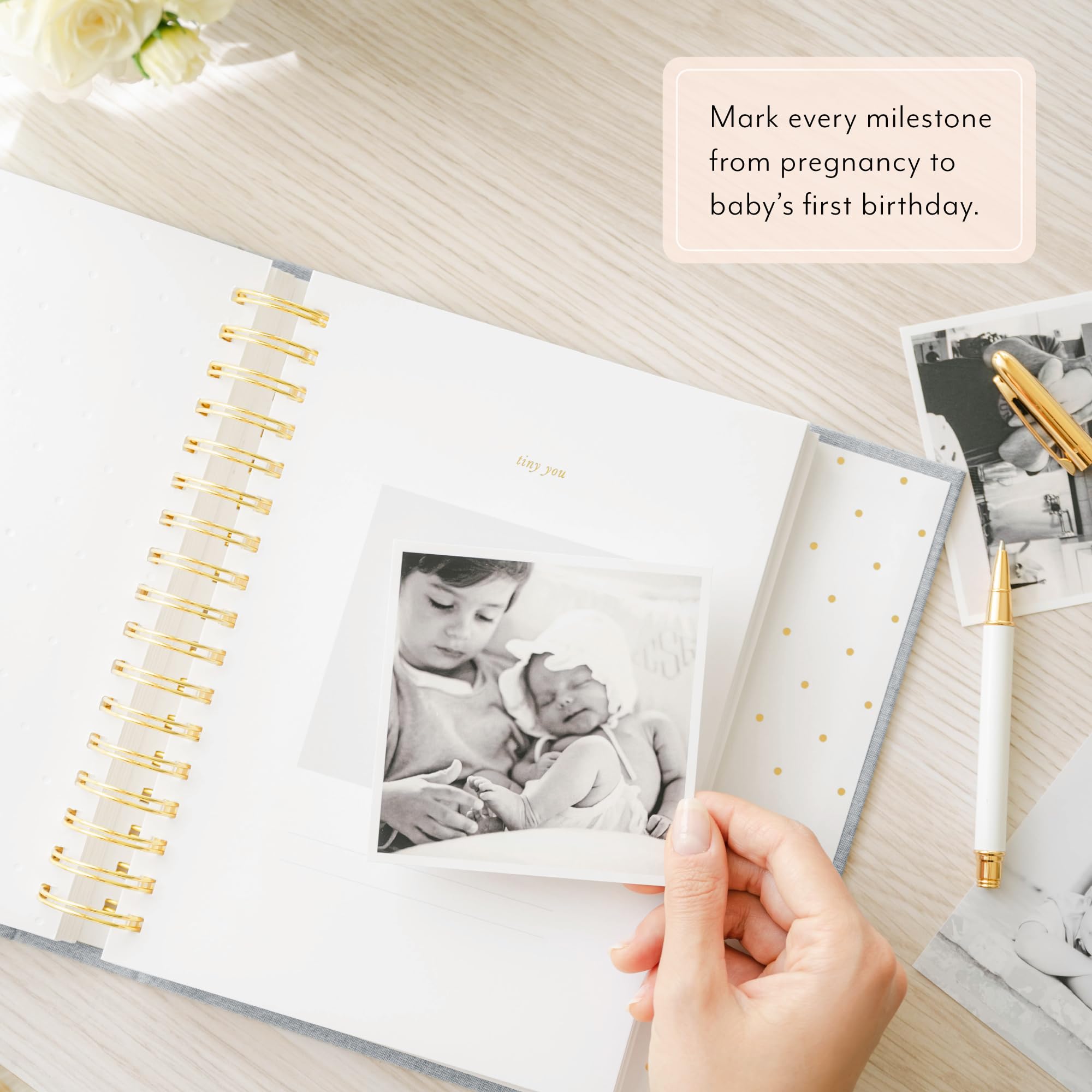Baby Memory Book - Pregnancy to First Year Keepsake Journal with Pocket Storage | Gender Neutral Baby Shower Gift Idea | Cloth Hardcover Rose Linen Design | Perfect for Recording Milestones, First Photos & Special Moments