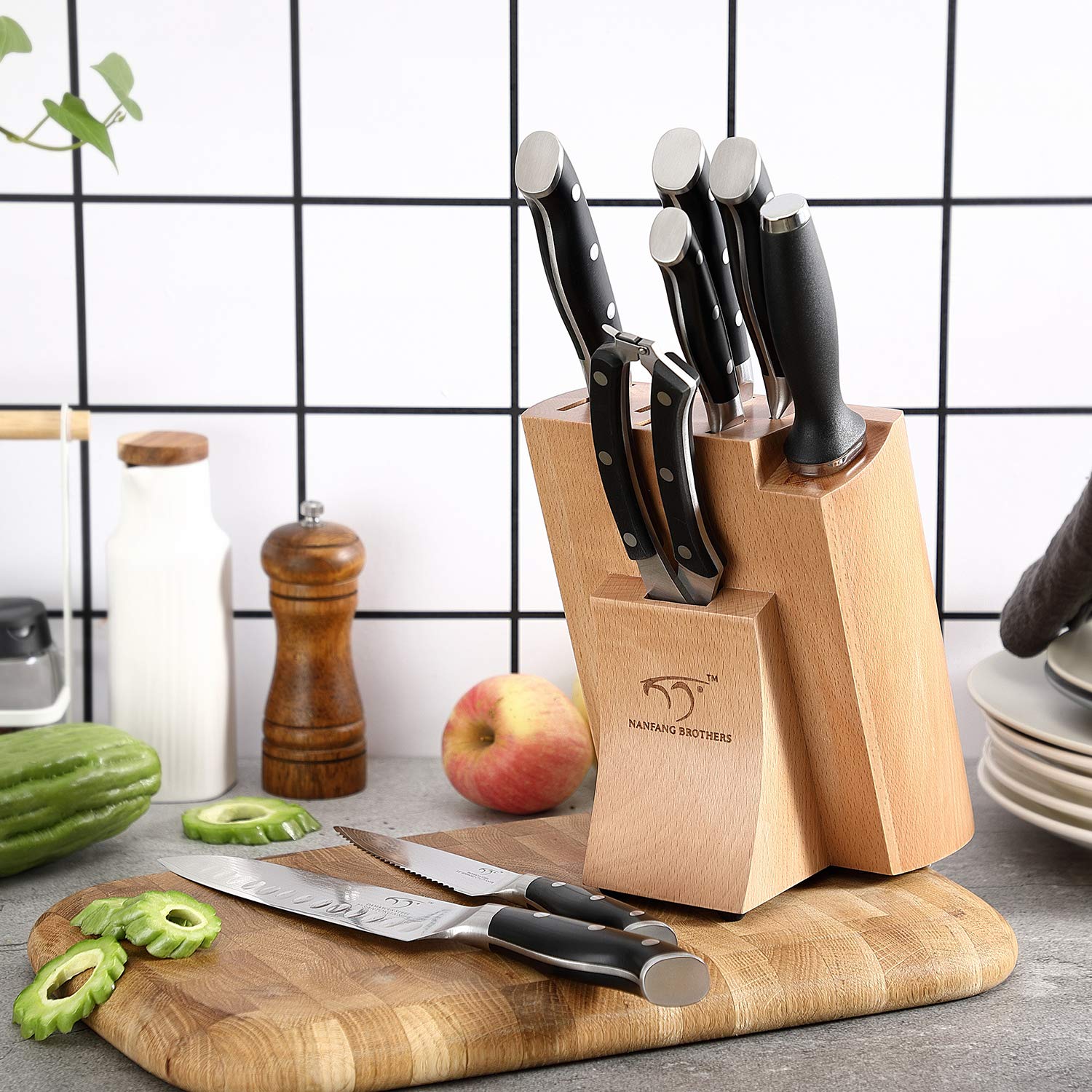Premium 9-Piece Damascus Steel Knife Set with Block - Chef Knives, Sharpener & Kitchen Shears - Ergonomic ABS Handles - Perfect for Home Chefs & Professional Kitchens - Ideal for Slicing, Dicing & Food Prep