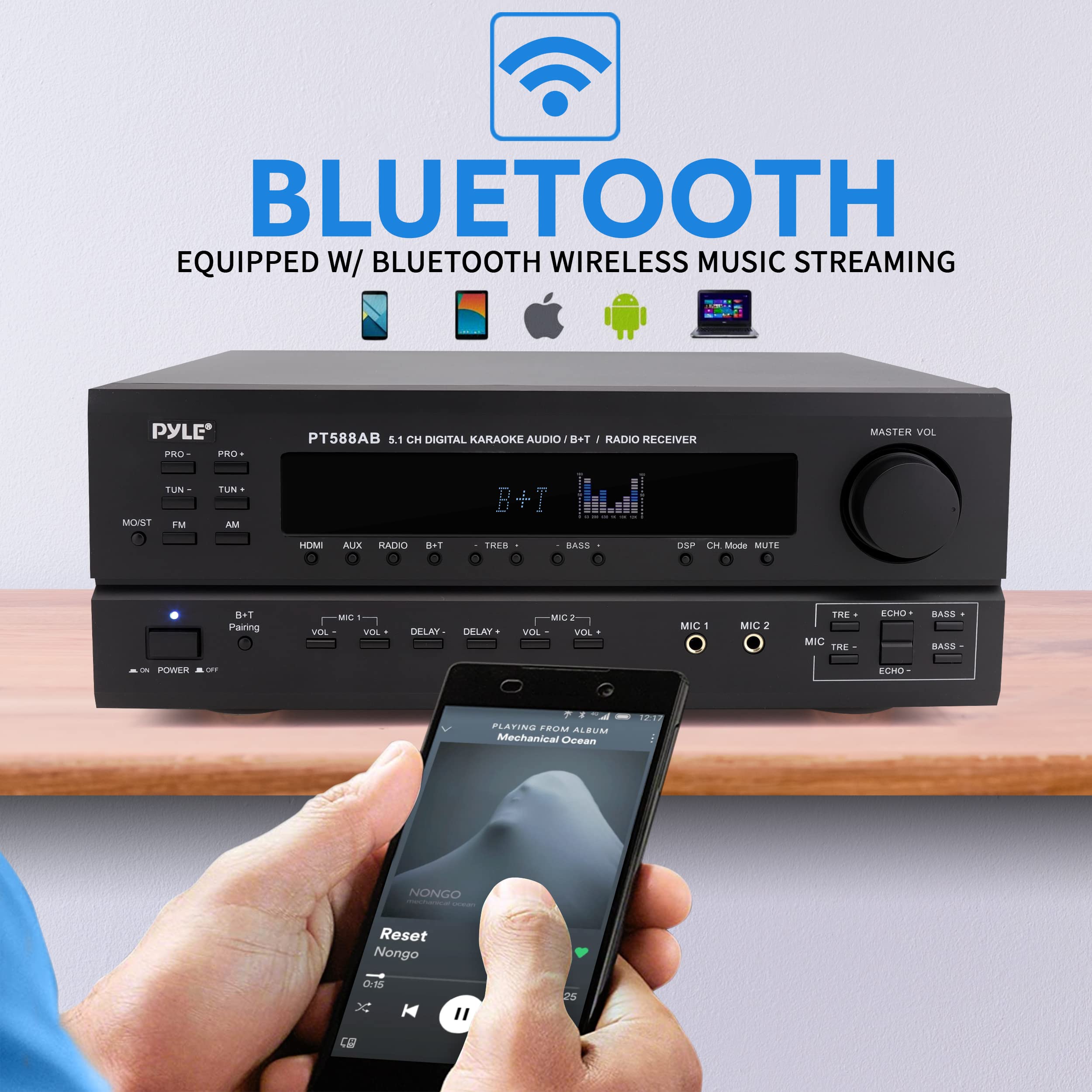 Pyle PT588AB.5 Wireless Bluetooth 5.1 Channel Home Theater Amplifier System - 420W Power, RCA/AUX Inputs, Microphone with Echo, Remote Control - Compatible with Subwoofers & Speakers - Perfect for Movie Nights, Gaming & Home Entertainment Systems