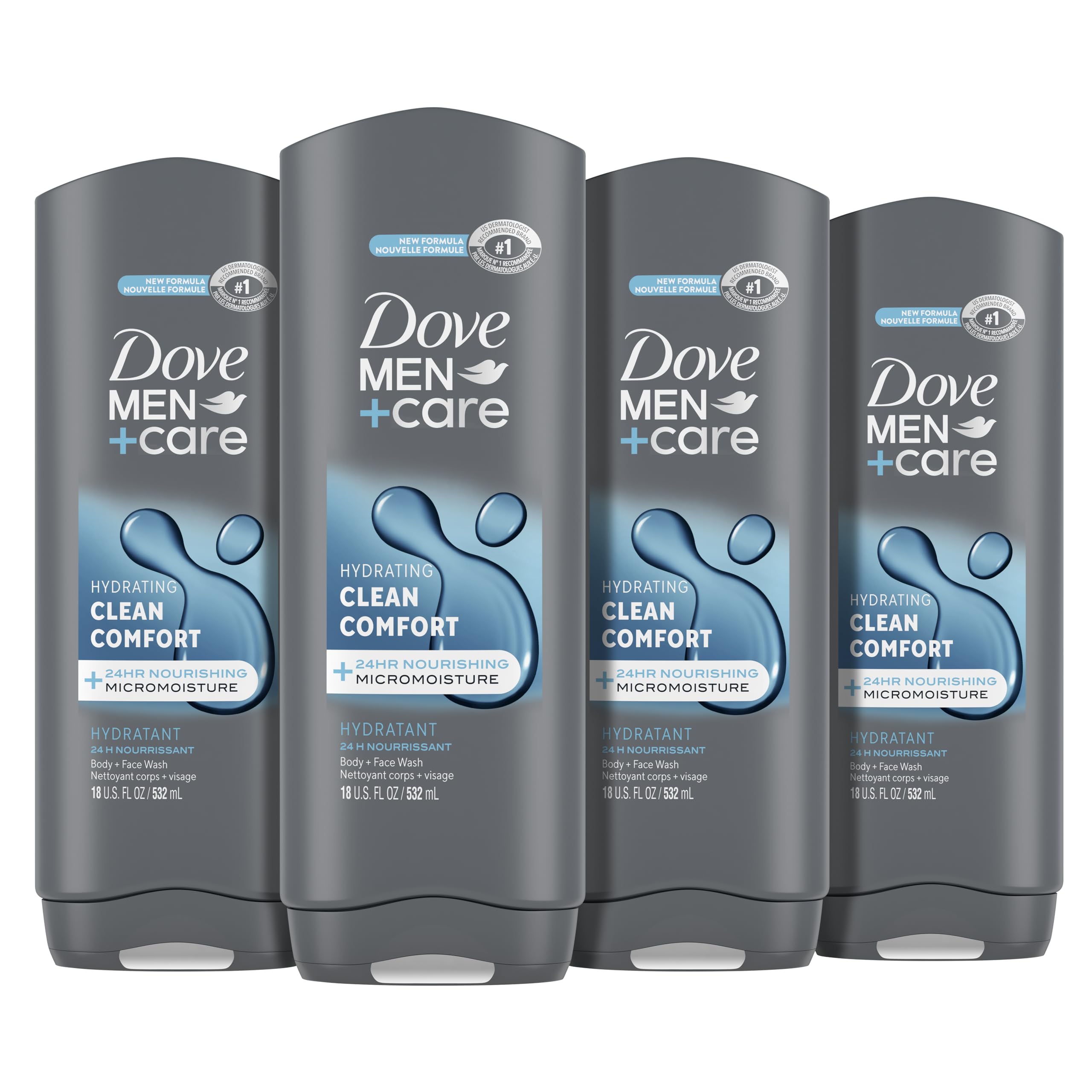 DOVE MEN + CARE Elements Body Wash Charcoal + Clay 4 Count and Clean Comfort 4 Count Body and Face Wash Bundle - 18 oz Men's Skincare Set for Deep Cleansing & Hydration - Perfect for Gym, Travel & Daily Shower Routine