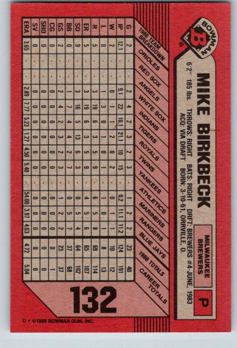 1989 Bowman #132 Mike Birkbeck Milwaukee Brewers Baseball Card NM-MT - Perfect for Collectors, Sports Memorabilia Displays & Baseball Fan Gifts
