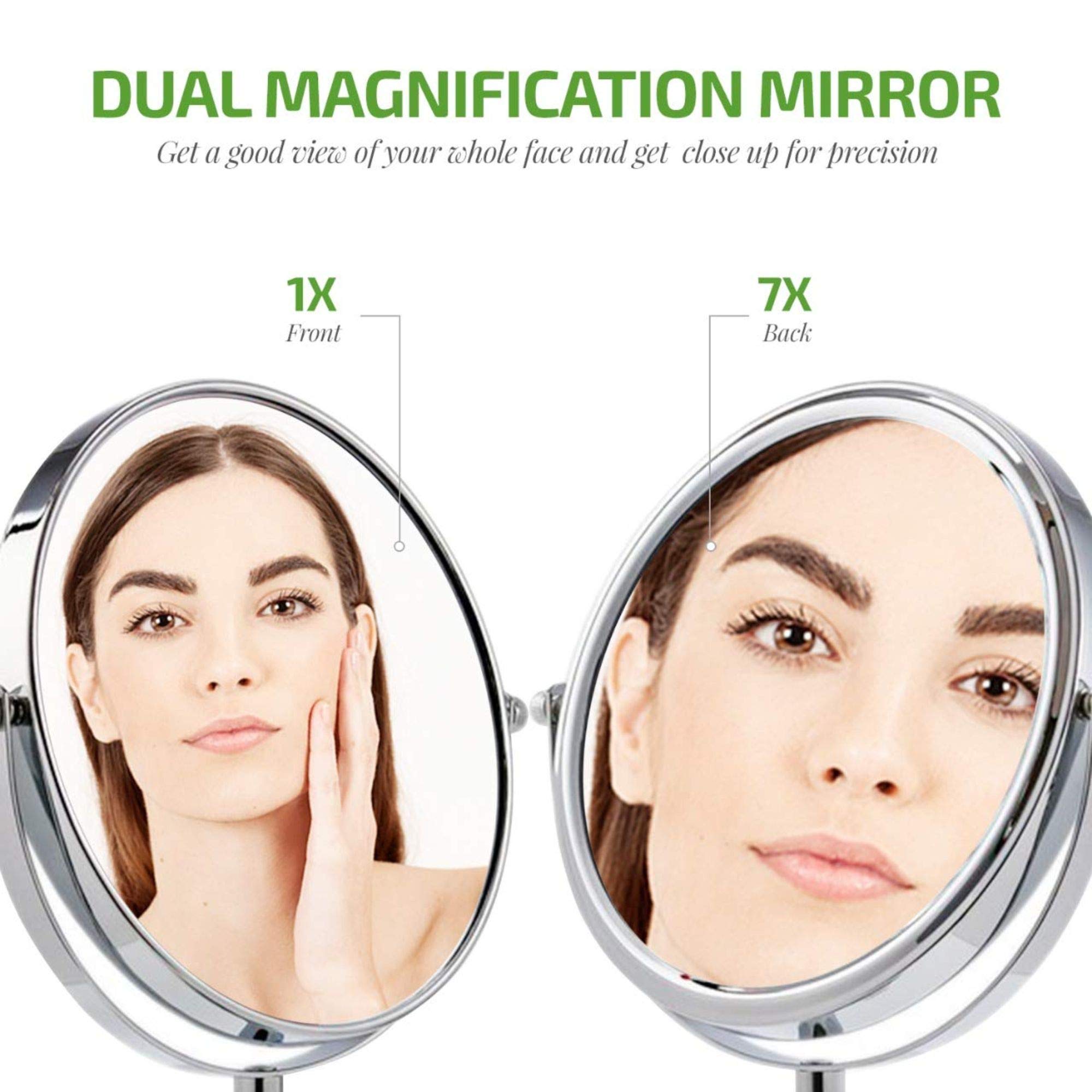 OVENTE 7-Inch Double-Sided Vanity Mirror with 1X/7X Magnification, 360° Swivel Stand - Polished Chrome Makeup Mirror for Dresser, Bedroom & Office Desk | Perfect for Applying Makeup, Grooming & Skincare Routines