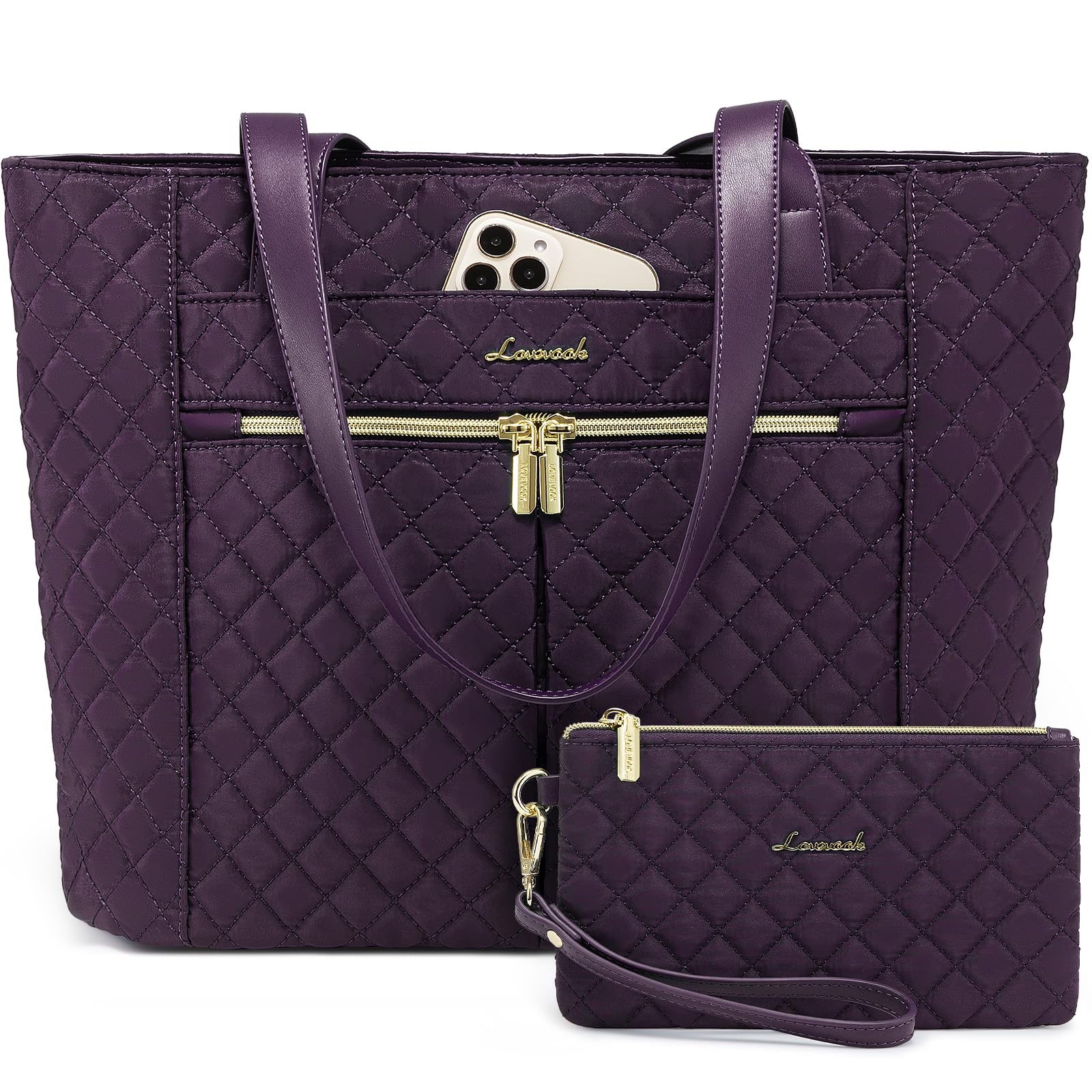 LOVEVOOK 17 Inch Diamond Quilted Laptop Tote Bag for Women - Stylish Work & Travel Shoulder Bag with Clutch Purse, Computer Briefcase Handbag (Purple) - Perfect for Office, Business Meetings & Commuting