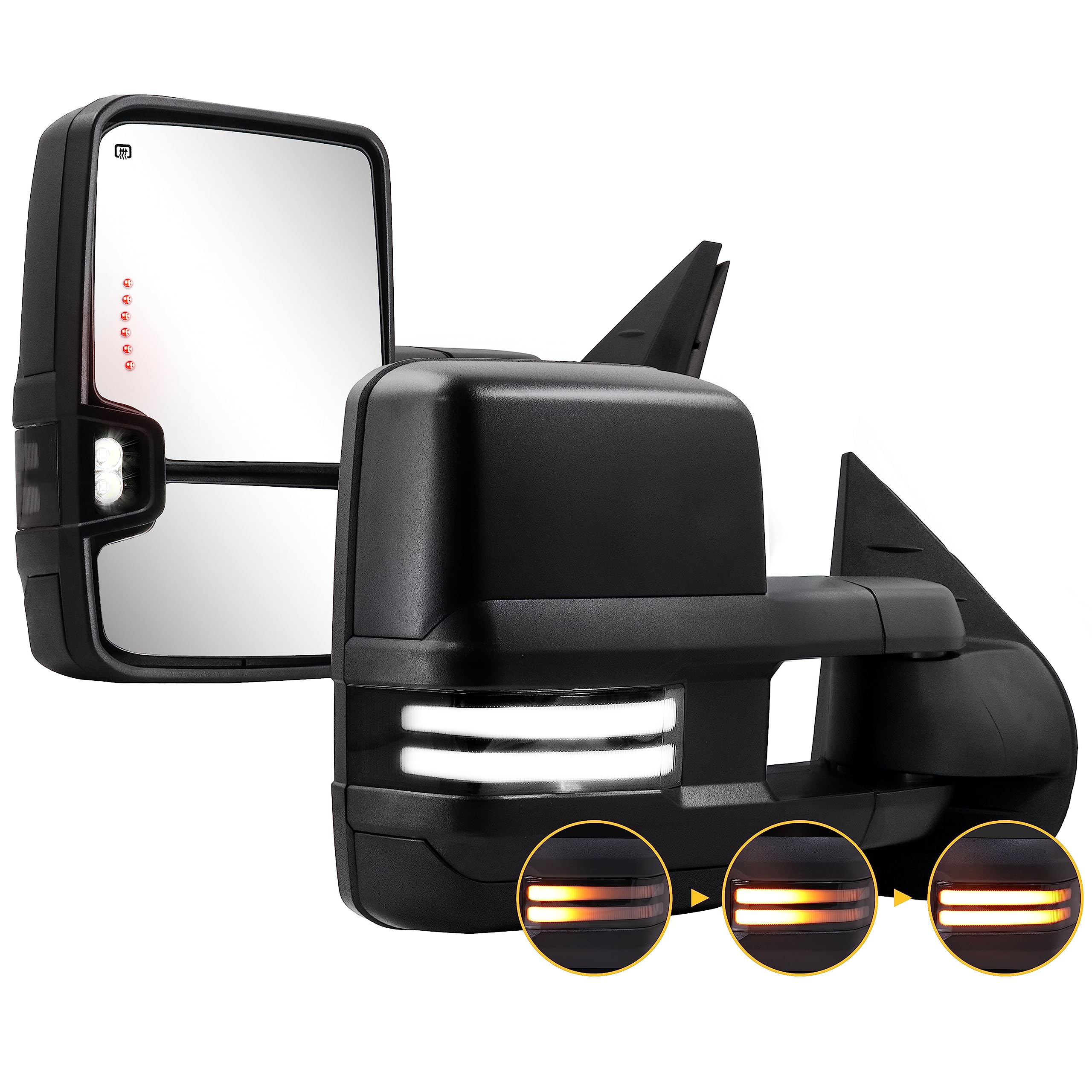 2007-2013 Chevy Silverado Suburban Tahoe GMC Sierra Yukon Towing Mirrors with Switchback Dynamic Turn Signal, Running Lights, Power Glass & Heated Backup Lamps - Black Textured - Perfect for Towing, Night Driving & Winter Conditions