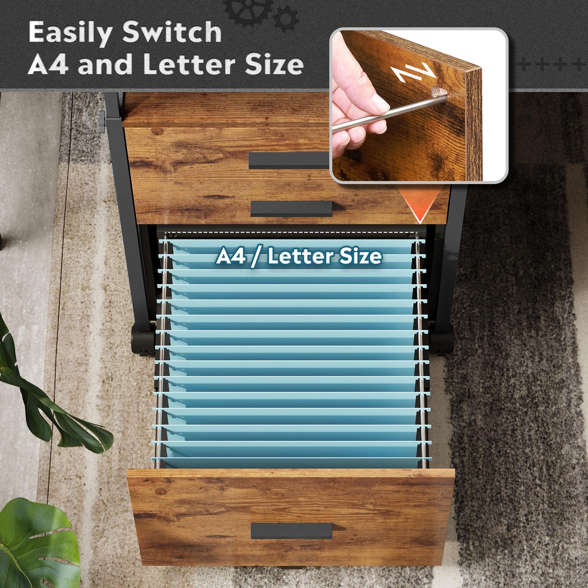 DEVAISE Rolling File Cabinet with Storage Drawers - Adjustable Shelves Wooden Printer Stand for Home Office - Rustic Brown Filing Cabinet | Perfect for Organizing Documents, Office Supplies & Printer Equipment in Small Spaces