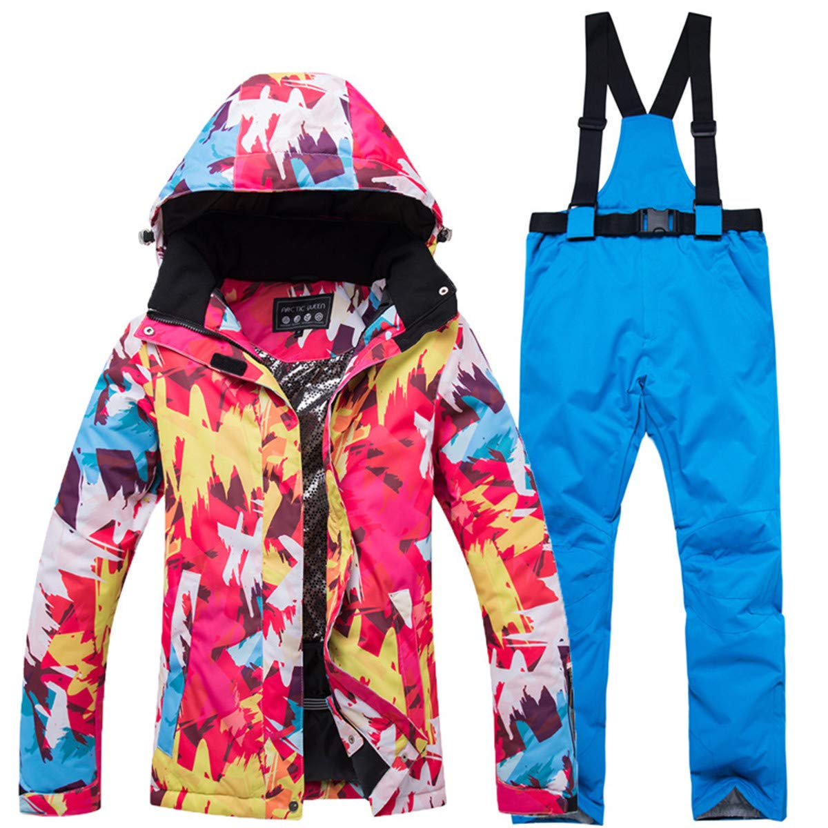 Women's Colorful Print Waterproof Windproof Ski Jacket & Bib Pants Set - Breathable Snowboard Suit for Outdoor Winter Sports & Mountain Adventures
