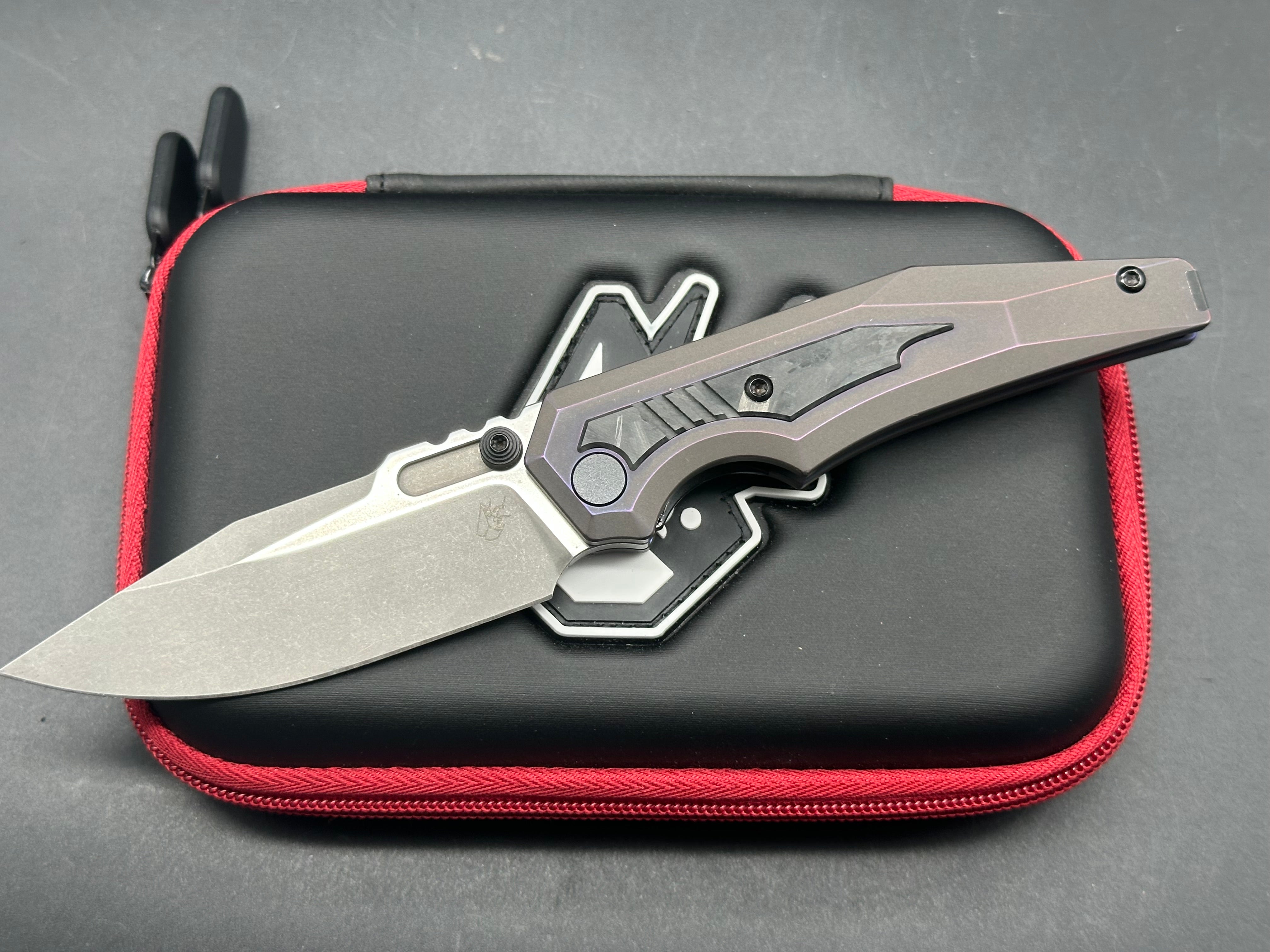 Arcane Design The Preytheon Custom Purple Titanium Folding Knife with Glow Carbon Fiber Inlays - Clip Point Blade, Grey Stonewash Finish & Satin Flats in Premium 20CV Steel | EDC, Outdoor Survival, Camping & Tactical Gear