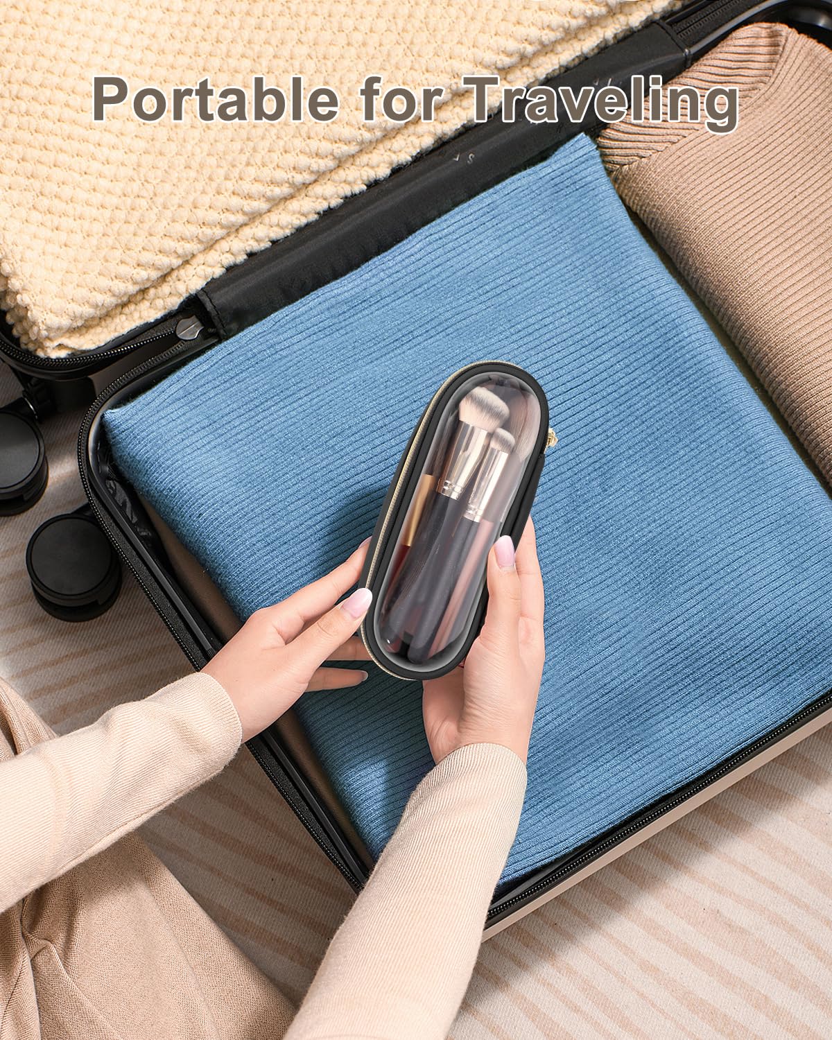 Clear Travel Makeup Brush Holder - Waterproof Leather Cosmetic Case for On-the-Go Beauty