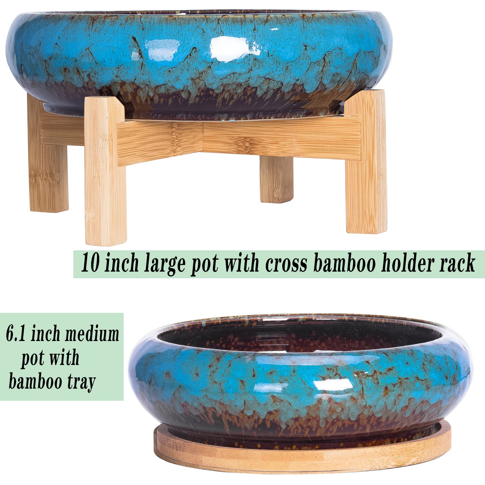 ARTKETTY 7.3-10 Inch Ceramic Succulent Pots Set of 2 - Large Glazed Bonsai Planters with Drainage Tray for Indoor Cactus, Flowers & Plants | Perfect for Home Decor, Office Desk & Garden Display
