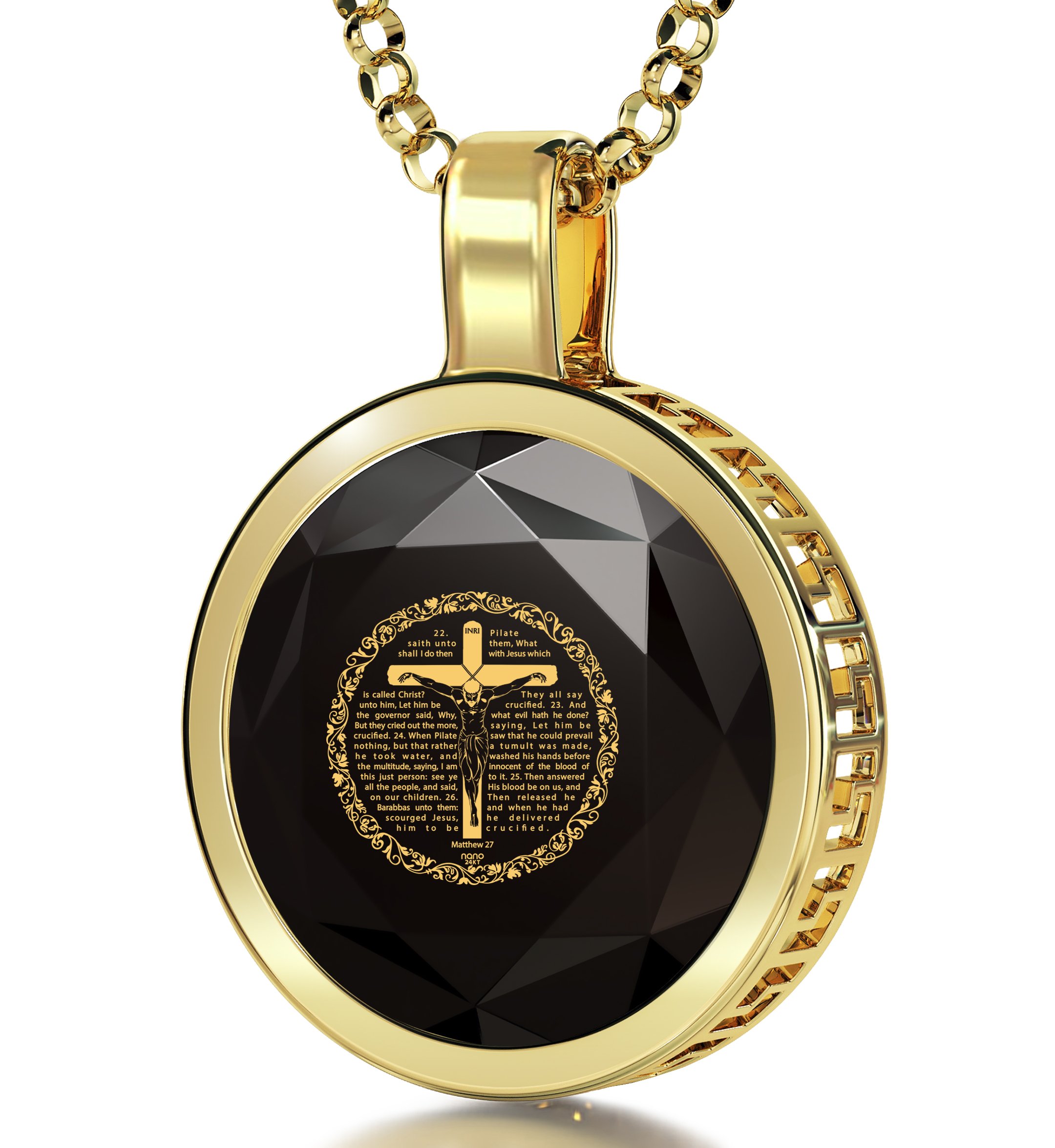 24K Gold Plated Crucifix Necklace with Cubic Zirconia Pendant - Religious Jewelry with Matthew 27 Inscription - 18