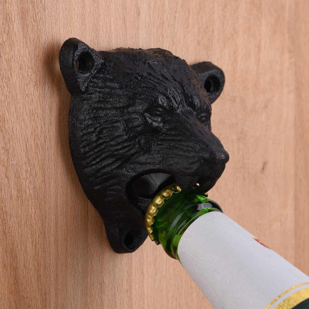 Black Bear Shaped Cast Iron Wall Mounted Bottle Opener - Heavy Duty Rustic Beer, Soda & Glass Bottle Opener for Kitchen, Bar, Restaurant - Perfect for Home Brewing, Parties & Outdoor BBQs
