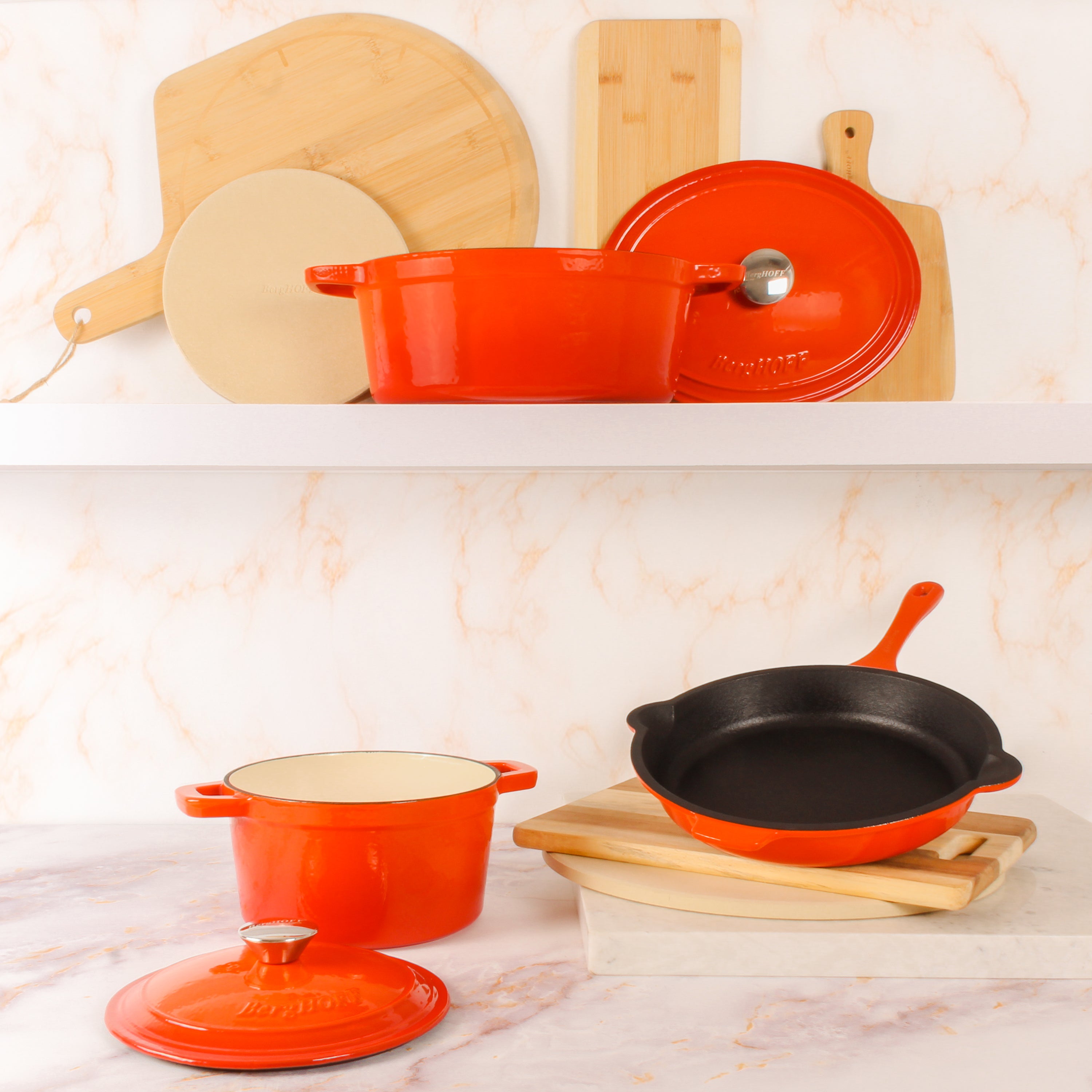 BergHOFF Neo 4-Piece Cast Iron Cookware Set with 5qt Dutch Oven & 8qt Skillet - Orange Enameled Cookware for Stovetop, Oven & Camping - Perfect for Braising, Frying & Slow Cooking