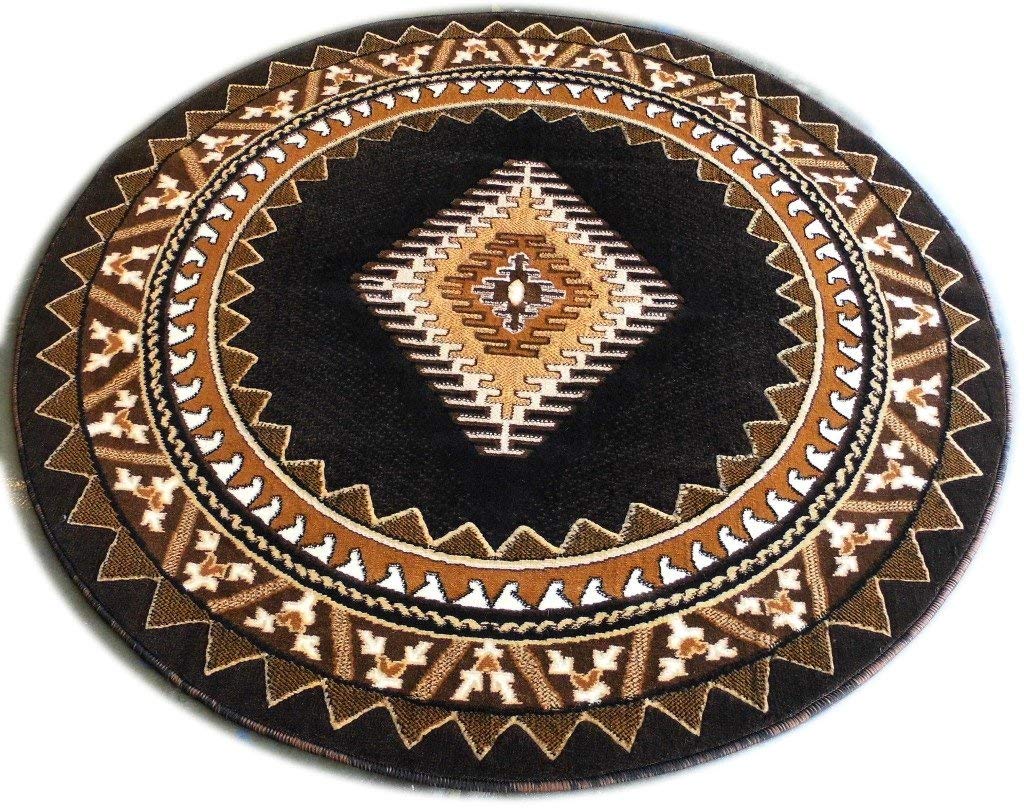 Authentic Navajo Aztec Western Native American Geometric Black Area Rug - 7 Feet Round for Living Room, Bedroom & Boho Decor