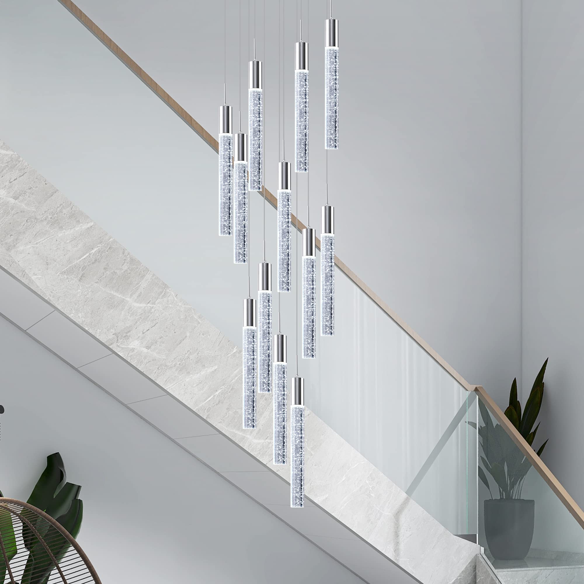 Modern 12-Light Crystal Chandelier for High Ceilings - Large Spiral LED Raindrop Pendant Light with Chrome Finish | Perfect for Foyer, Staircase, Living Room & Dining Room Lighting