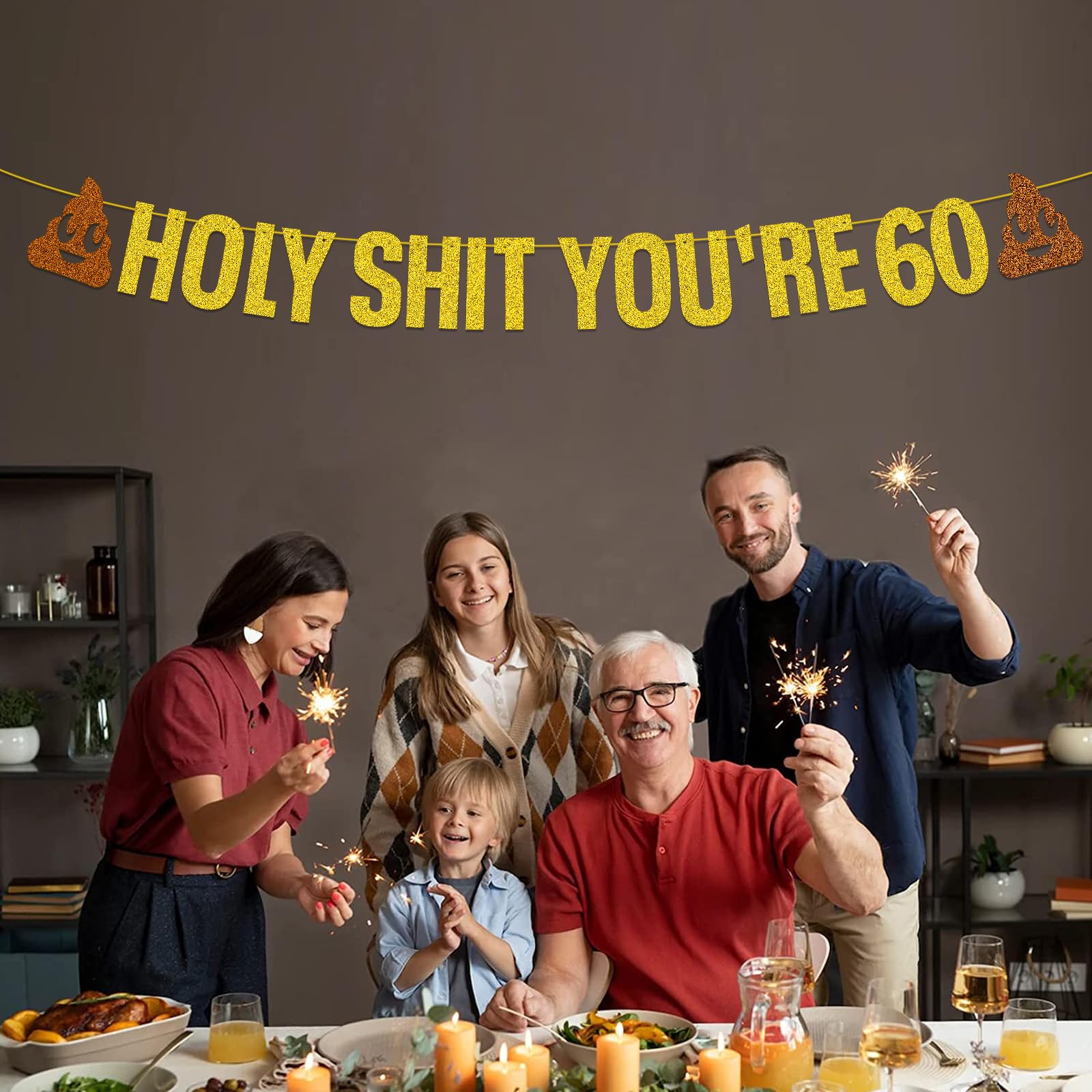 Funny 60th Birthday Party Decorations - Gold Glitter 'Holy Shit You're 60' Banner & Cheers to 60 Years Sign - Perfect for Milestone Birthday Celebrations, Retirement Parties & Surprise Decor