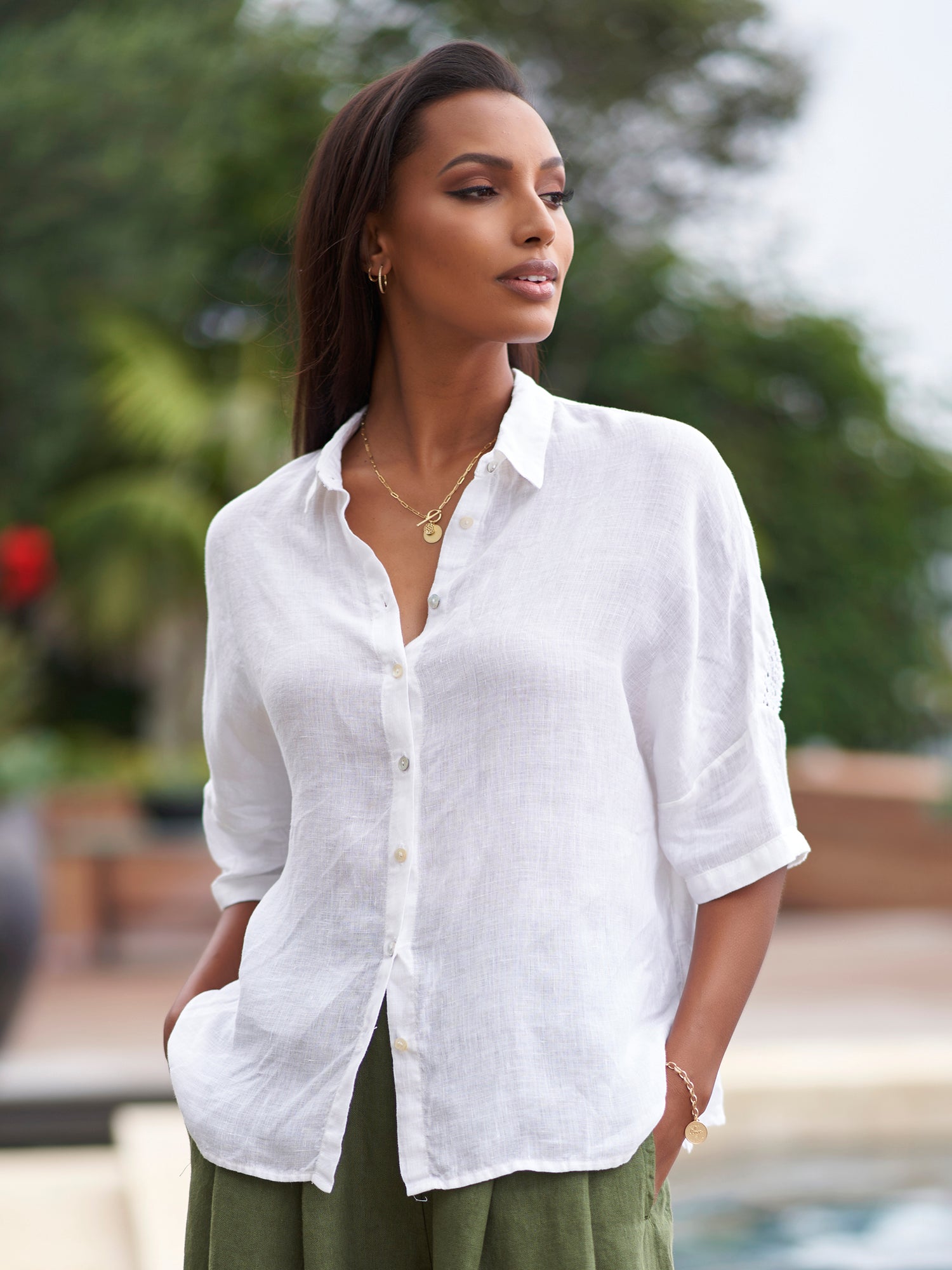 Ada Crochet Linen Camp Shirt - Women's Summer Boho Blouse for Beach Vacation & Casual Outings