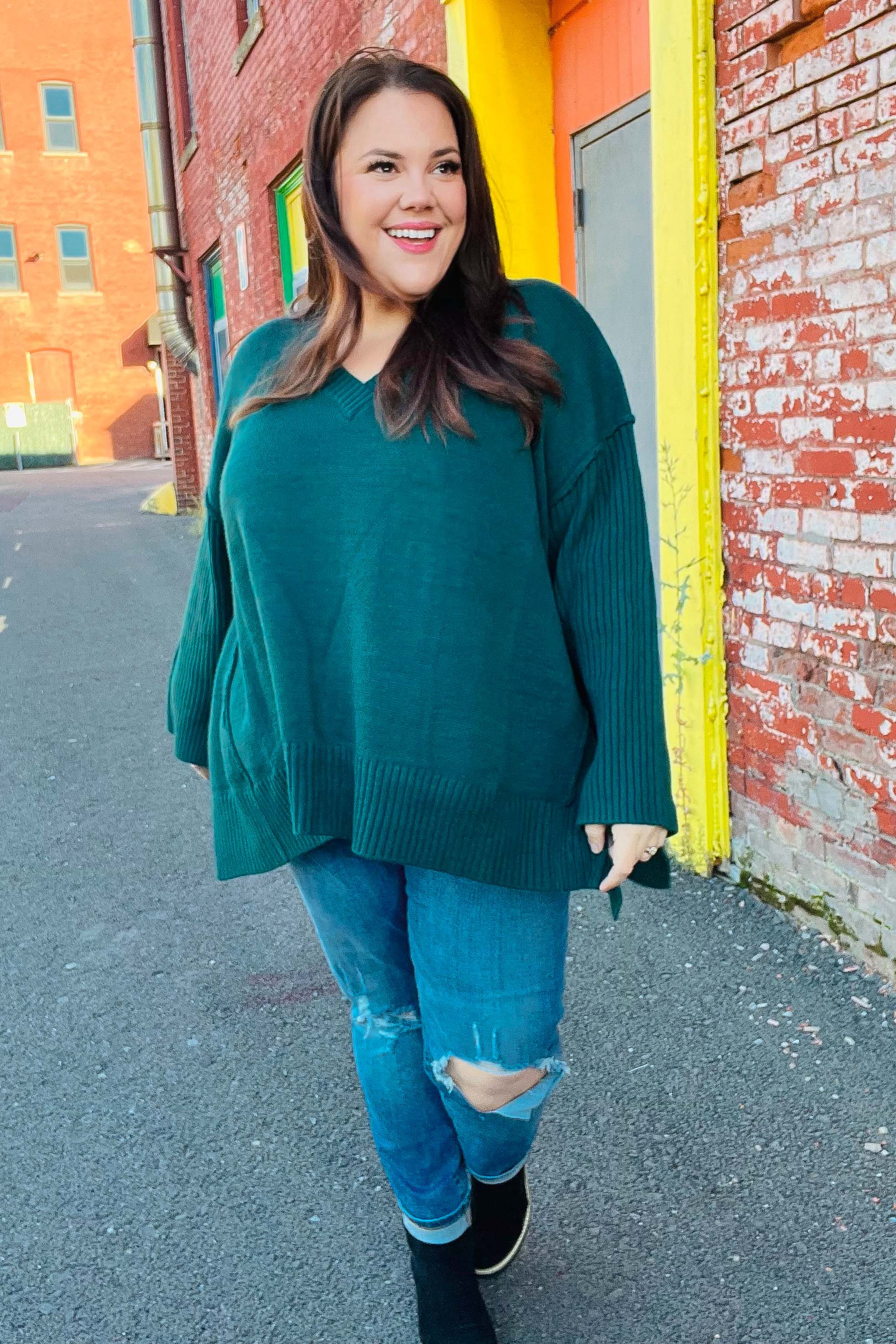 Stylish Hunter Green Oversized V-Neck Rib Knit Sweater for Women - Cozy Fall & Winter Layering Essential