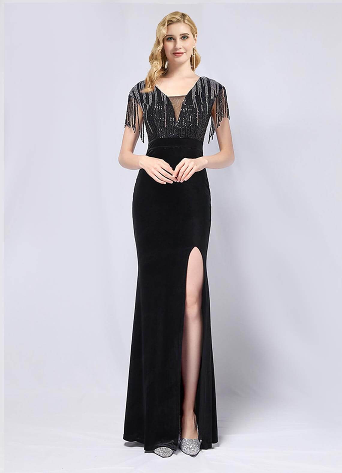 Elegant Black Velvet Sequin Mermaid Maxi Dress with Tassels & High Slit - Perfect for Prom, Evening Gala & Formal Events