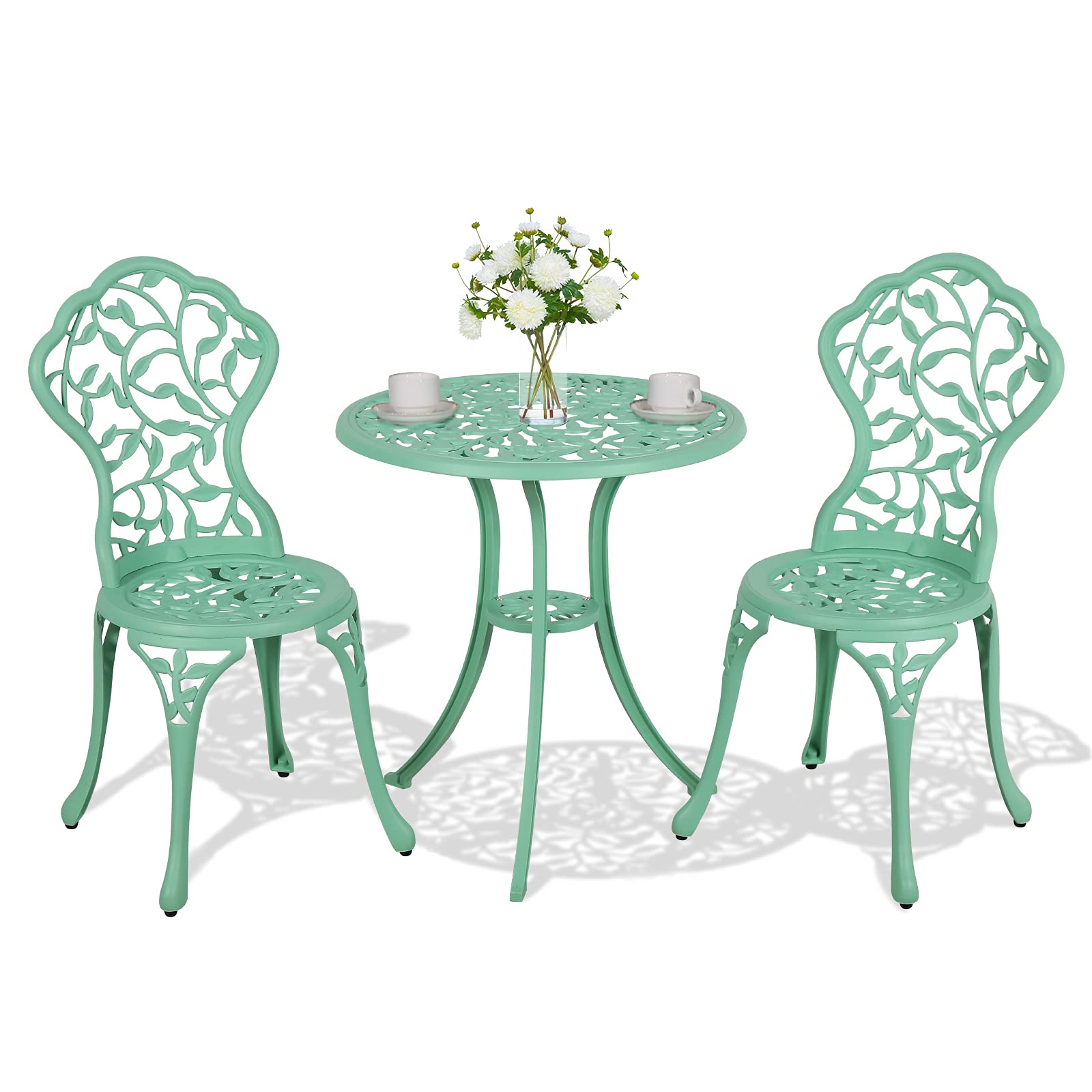 Patiorama 3-Piece Outdoor Bistro Set - Cast Aluminum Patio Furniture with Rust-Resistant Leaf Design & Antique Teal Finish - Perfect for Garden, Balcony or Poolside Dining