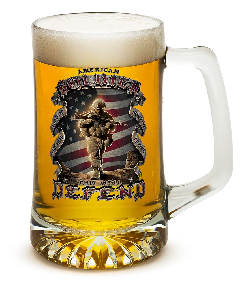 25oz Erazor Bits Large Beer Mugs with Handles - American Soldier Themed Tankard Glasses with Logo (Set of 12) - Perfect for Veterans Day, Military Parties & Patriotic Home Bar Decor