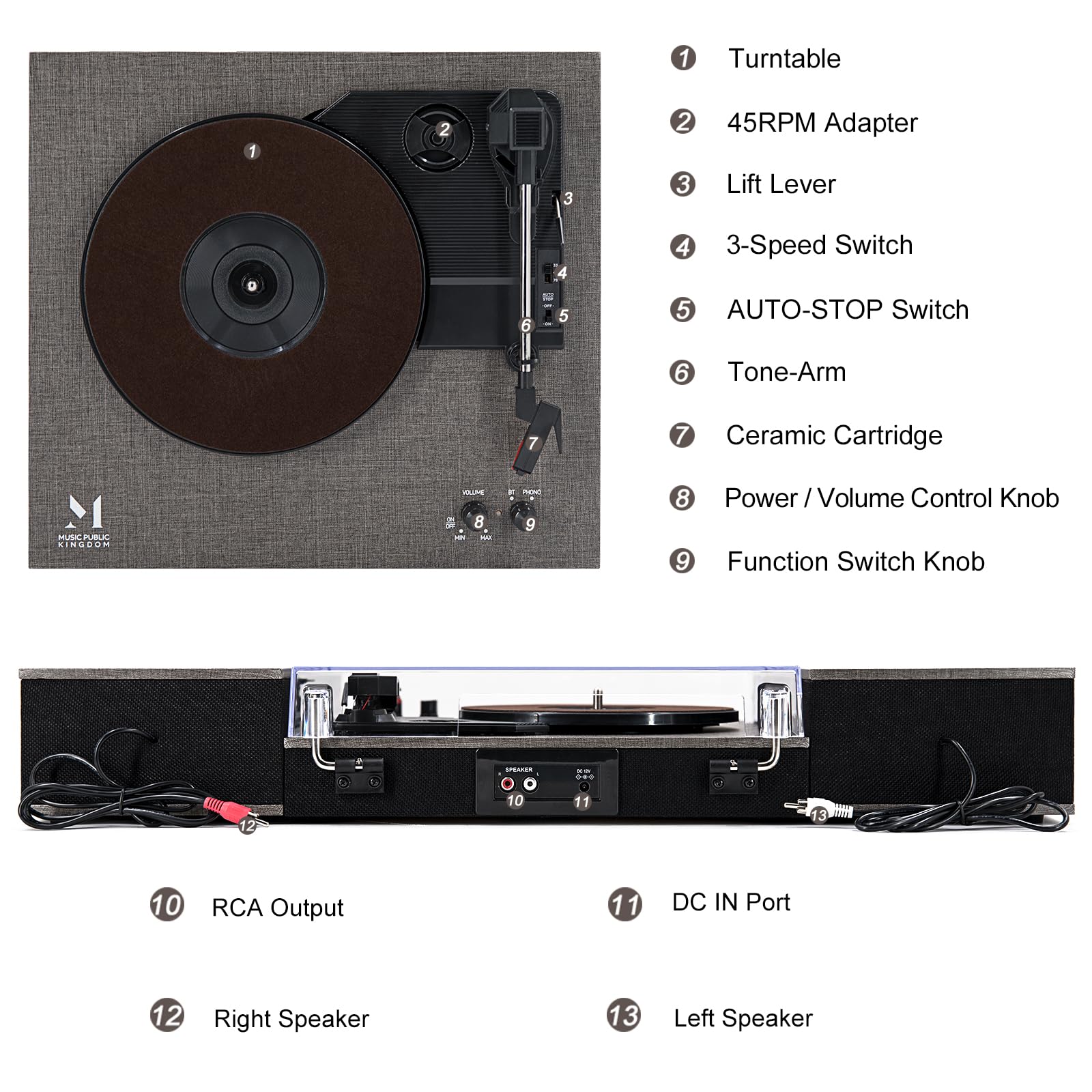 MPK Bluetooth Record Player - 3-Speed Belt-Drive Vinyl Turntable with HiFi Bookshelf Speakers | Wireless Playback & Auto-Stop | Grey Cloth Pattern | Perfect for Home Entertainment & Vinyl Collection