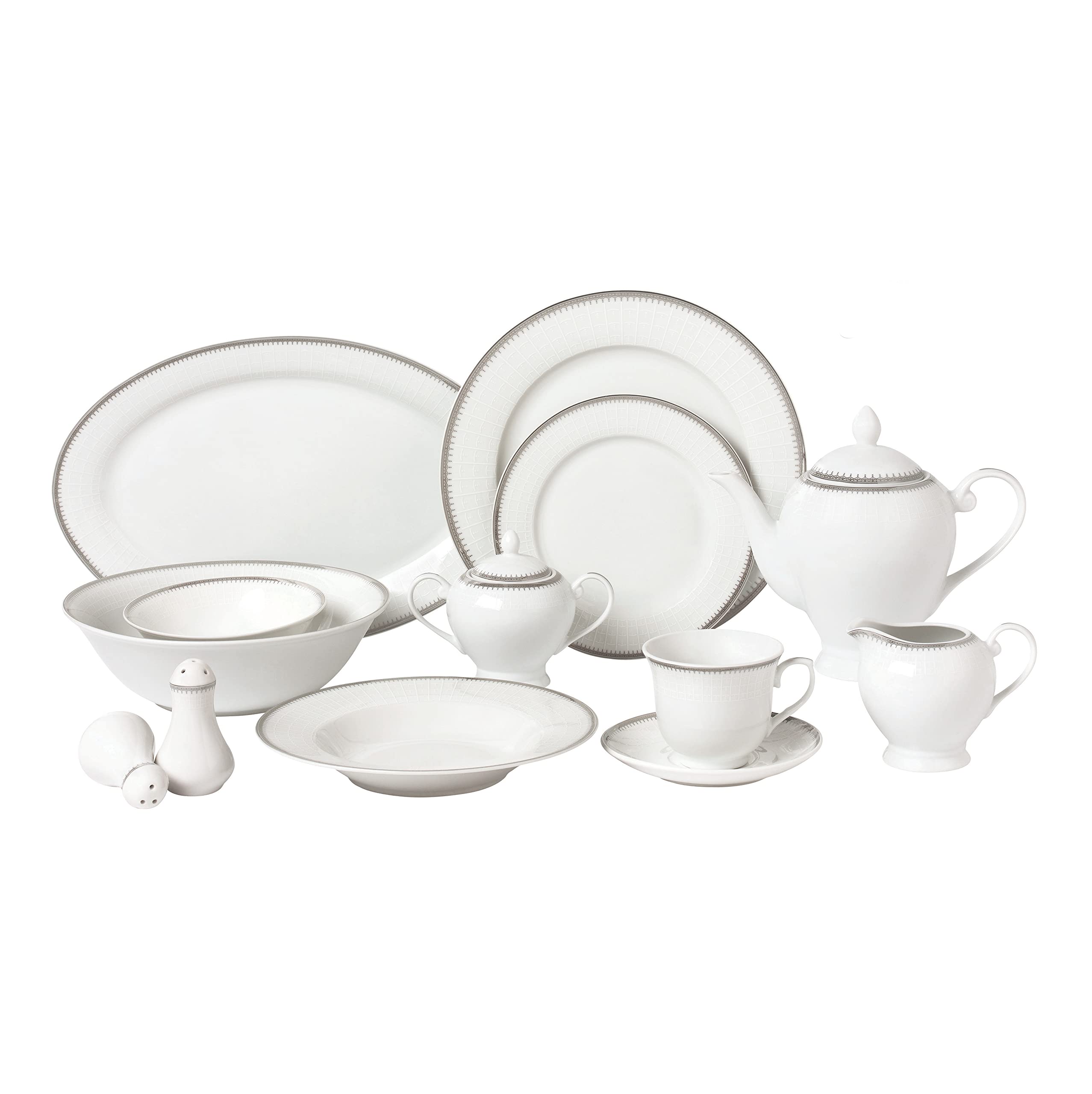 57-Piece Elegant Porcelain Dinnerware Set for 8 - Alyssa Collection with Silver Trim | Perfect for Formal Dining, Dinner Parties & Holiday Entertaining