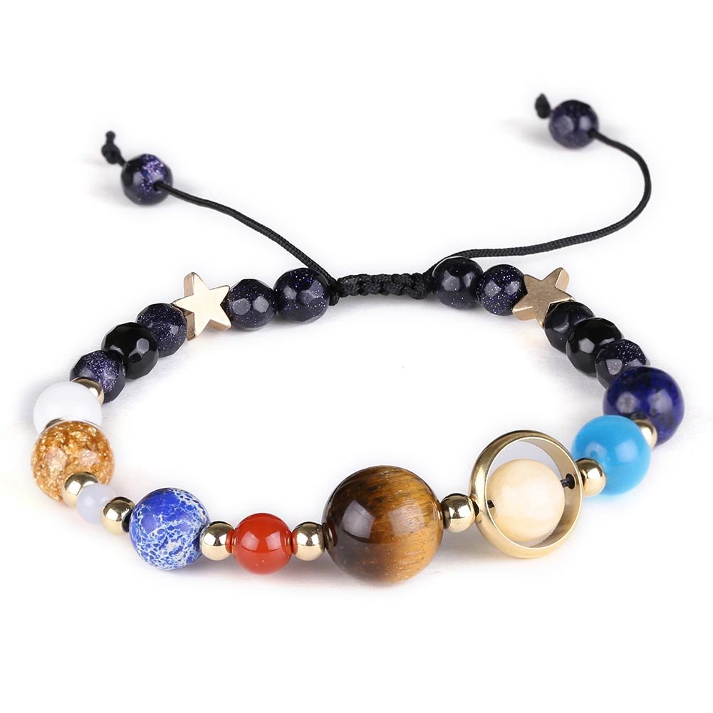 Natural Stone Beads Bracelet - Solar System Galaxy Themed Adjustable Yoga Bracelet for Men & Women - Blue Sandstone Guardian Star Bangle - Perfect for Meditation, Yoga, and Spiritual Healing