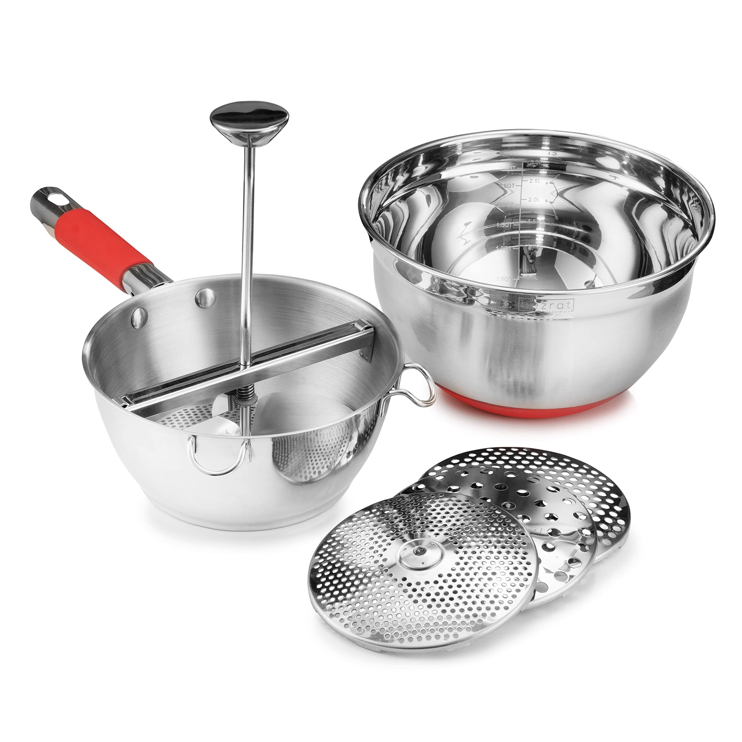 Bezrat Red Food Mill with Bowl - 3 Grinding Discs for Mashing, Straining & Grating - Hand Crank Grain Mill for Potatoes, Fruits & Vegetables - Perfect for Making Mashed Potatoes, Baby Food & Purees - Ideal for Home Cooking, Canning & Meal Prep