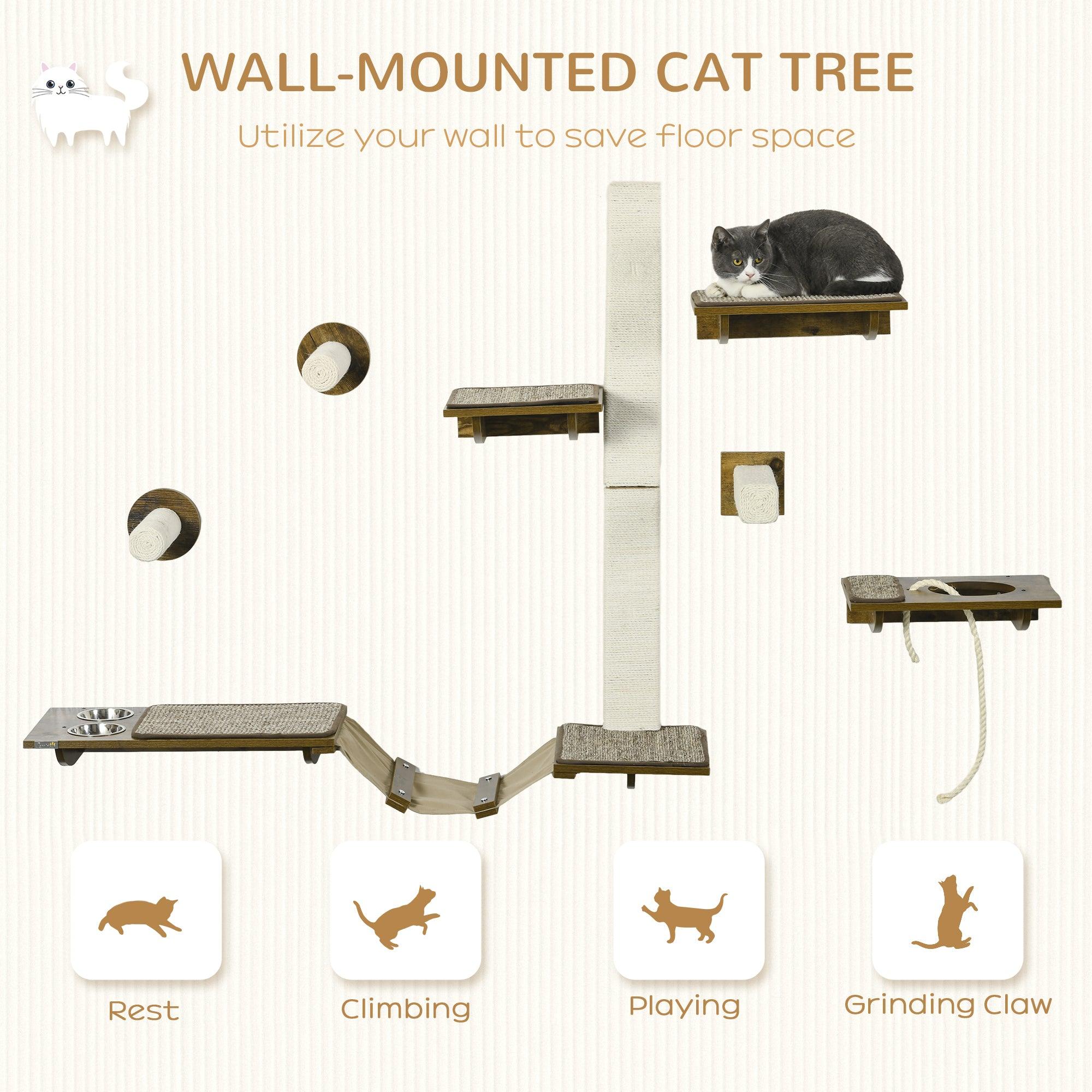 Premium Cat Wall Shelves Set - 8-Piece Wall Mounted Cat Furniture with Perches, Scratching Posts, Ladder & Feeder Bowls for Climbing, Sleeping & Play - Brown Wooden Cat Shelving System for Indoor Cats - Perfect for Small Spaces & Cat Enrichment Activities