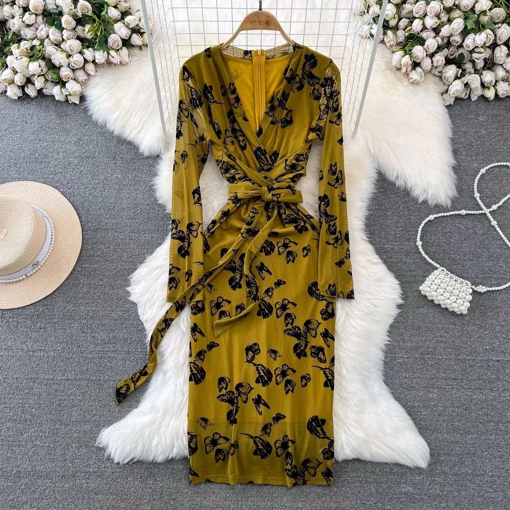 Elegant Long Sleeve V-Neck Tie Waist A-Line Mesh Printed Dress for Women - Perfect for Cocktail Parties, Date Nights & Formal Occasions