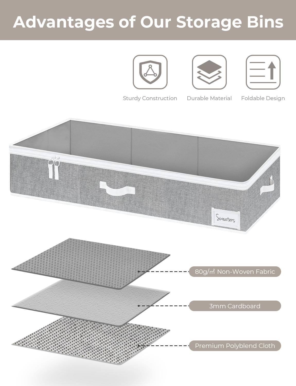 StorageWorks Large Under Bed Storage Containers with Handles & Label Holder - 2 Pack Ultra-Thick Fabric Underbed Bins for Clothes, Blankets, Sweaters | Space-Saving Closet Organizer for Seasonal Storage & Bedroom Organization
