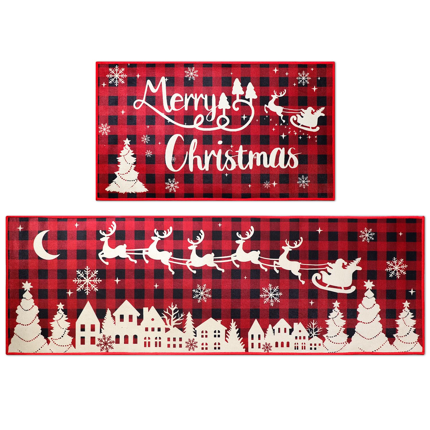 2 Pack Buffalo Plaid Christmas Kitchen Mats - Non-Slip Washable Microfiber Floor Rugs for Kitchen, Bathroom, Living Room & Doorway Decor (Red & Black Holiday Design) | Perfect for Festive Home Decor, Winter Gatherings & Gift Giving