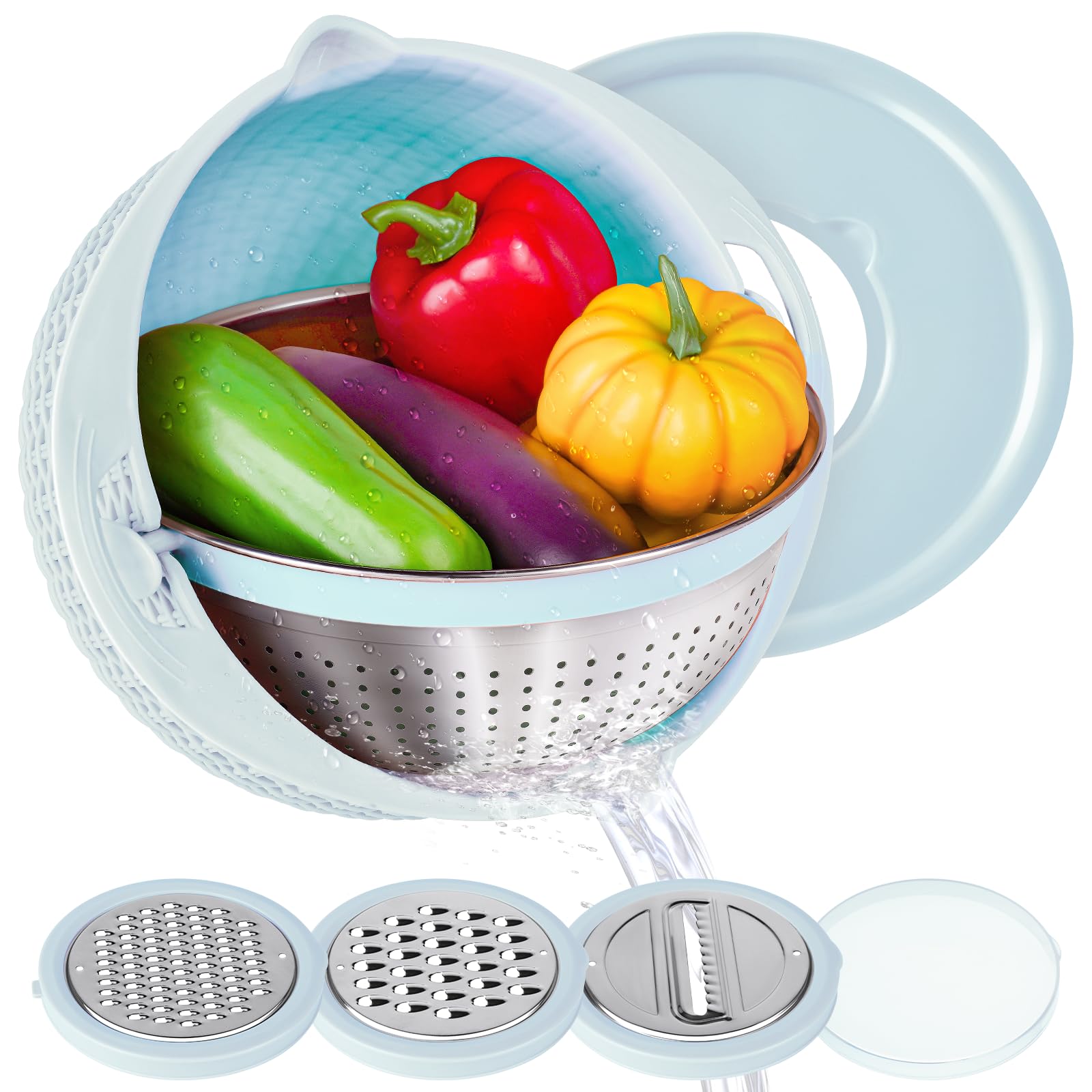 4-in-1 Rotating Colander and Mixing Bowl Set - Kitchen Strainer for Pasta, Rice, Fruits & Vegetables - Durable Food Wash Basket with Handle - Perfect for Meal Prep, Cooking & Washing Produce (Blue)