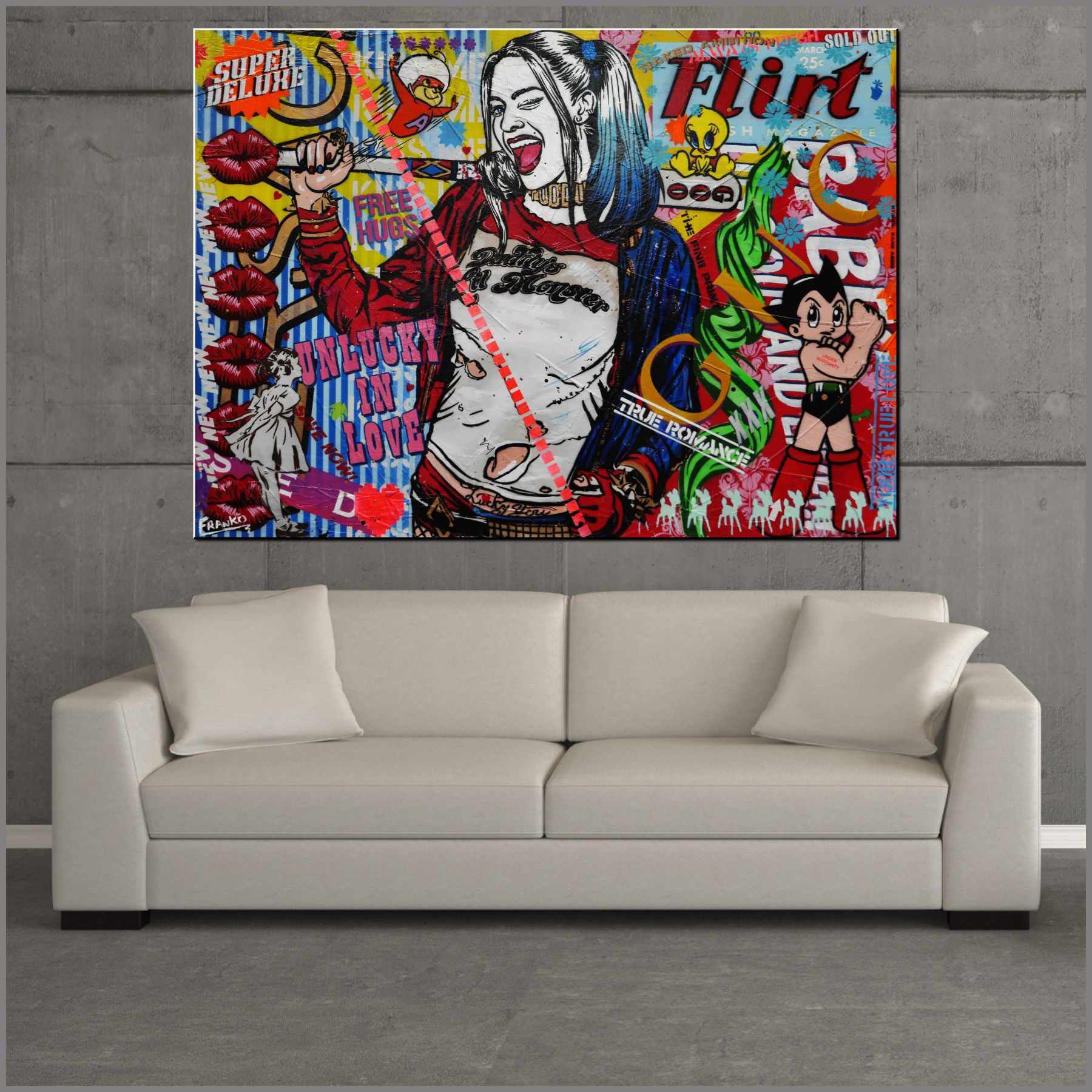 Harley Quinn and Tweety Bird Textured Urban Pop Art Painting - 140cm x 100cm Canvas Wall Decor for Living Room, Bedroom, or Office - Unique Superhero Artwork for DC Comics Fans