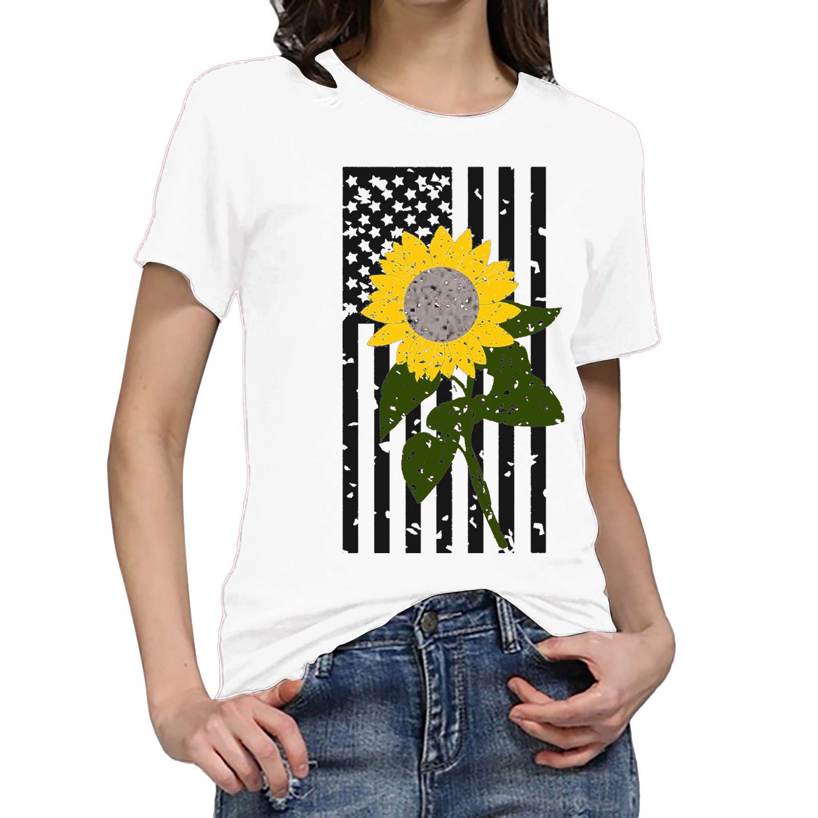 Women's Short Sleeve Blouse - Independence Day & Women's Day Bee Print T-Shirt - Plus Size Tops - Casual Wear for Summer, Work & Holidays (White, Medium)