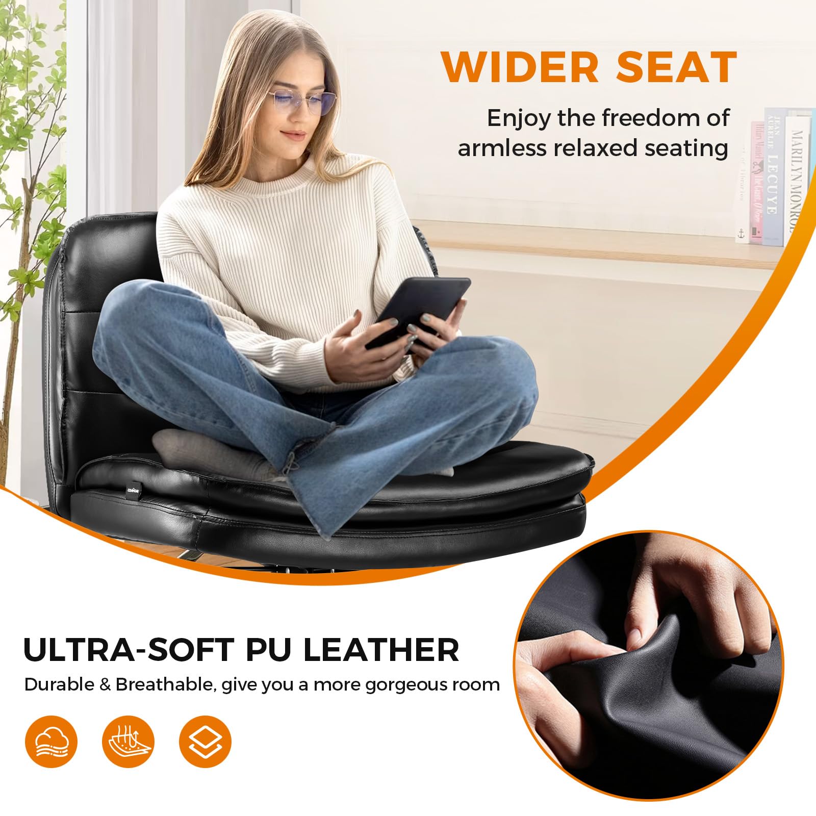 Criss Cross Legged Office Chair with Wheels - Armless Swivel Desk Chair, Wide Seat & Height Adjustable for Home Office, Computer Task, Vanity - Perfect for Cross-Legged Sitting, Work & Study