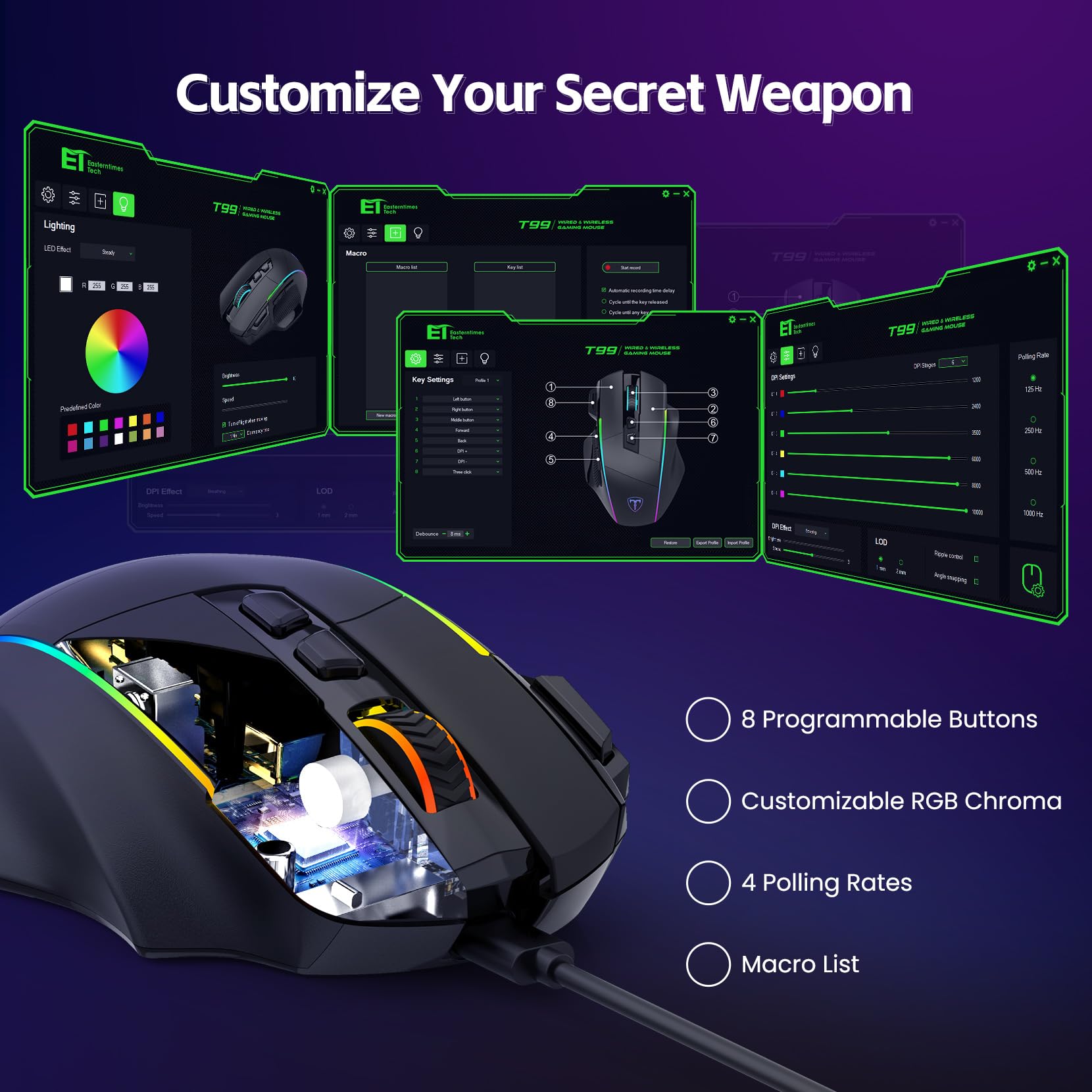 Wireless Gaming Mouse - Triple Mode 2.4G/USB-C/Bluetooth, 10000DPI Adjustable, RGB Backlit, Ergonomic Design with 8 Programmable Buttons, Rechargeable for PC, Mac, Laptop (Black) | Perfect for FPS, MOBA Gaming & Office Work