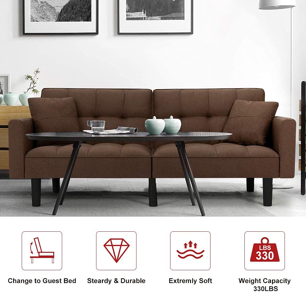 Modern Linen Convertible Futon Sofa Bed - Foldable Recliner Couch with Adjustable Back & Armrests for Living Room, Bedroom, Guest Room - Brown (Perfect for Small Spaces & Overnight Guests)