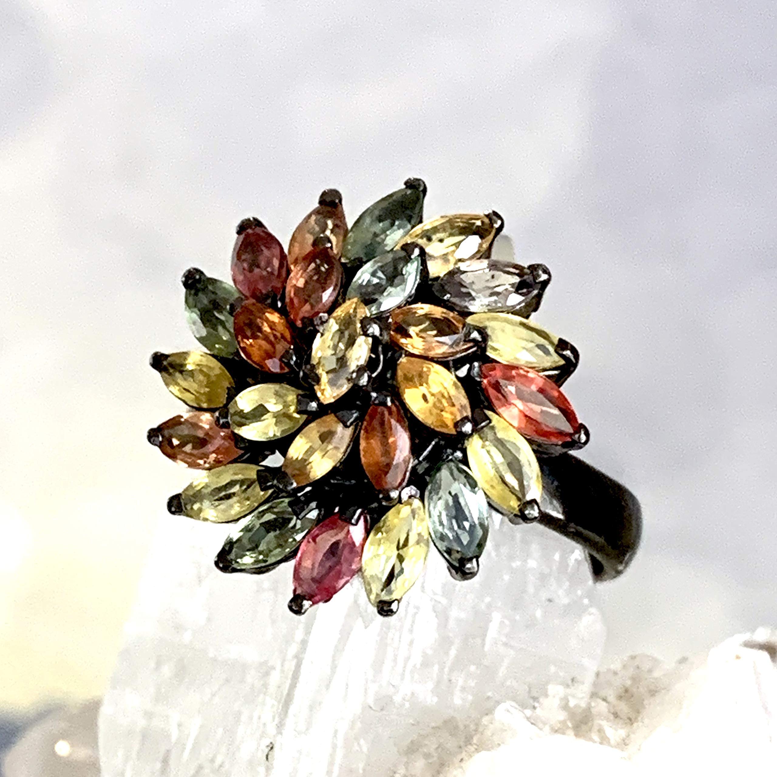 Natural Songea Sapphire Chrysanthemum Flower Ring - 9.25 Size, 14k Black Rhodium Coated 925 Sterling Silver - September Birthstone Jewelry Gift for Women - Perfect for Weddings, Anniversaries & Special Occasions