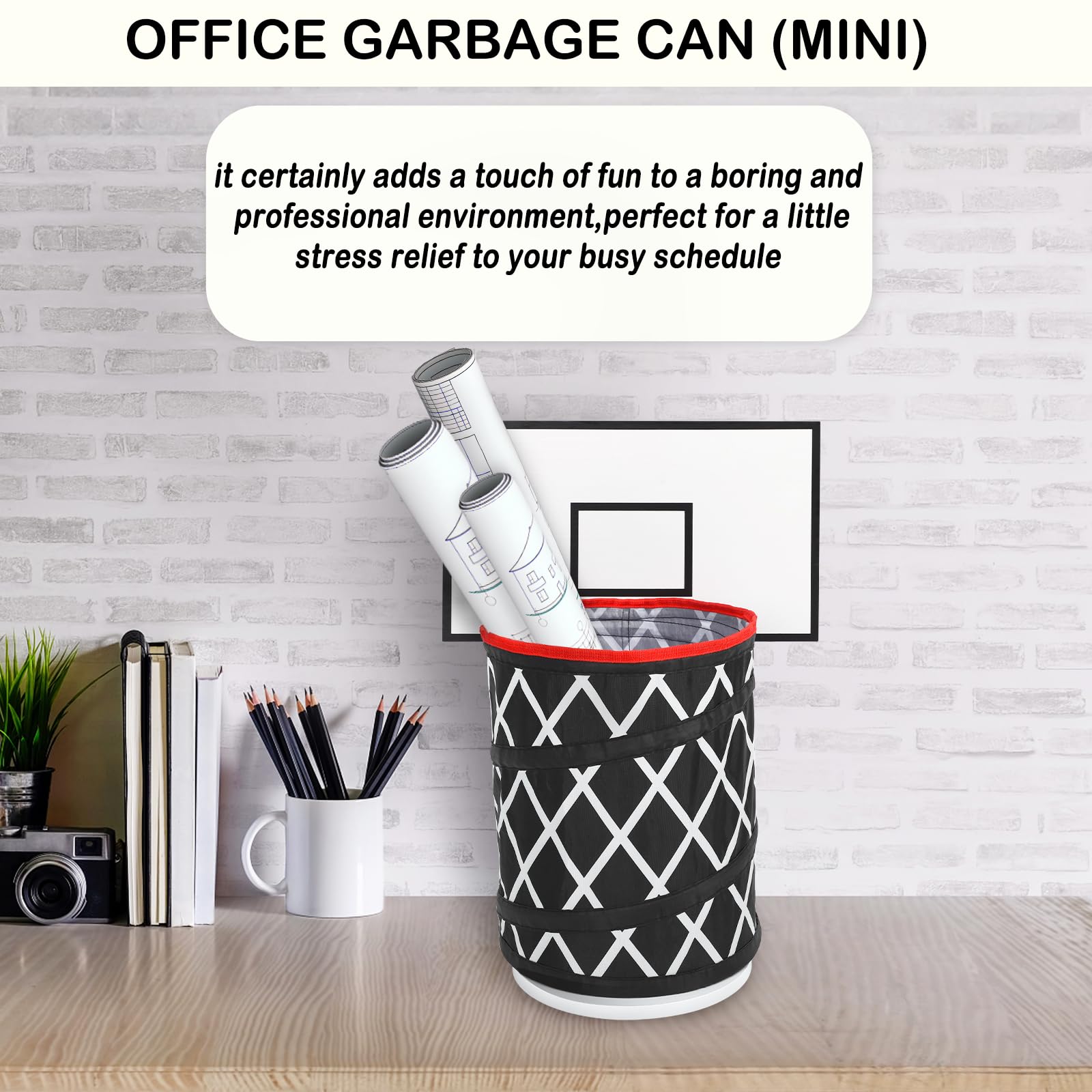 Basketball Trash Can Hoop - Mini Indoor Basketball Waste Bin with Wood Backboard (9.8