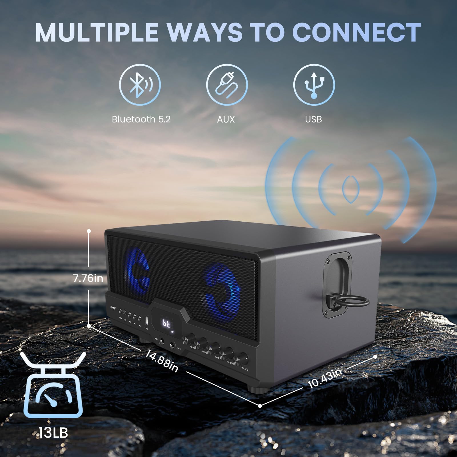 RHM L268 Karaoke Machine with 4 Microphone Support - Powerful Sound, RGB Lights, 2 Rechargeable Wireless Mics, Built-in Wired Mic Ports - Treble/Bass Adjustment, Bluetooth, AUX, USB - Perfect for Home Parties & Family Gatherings
