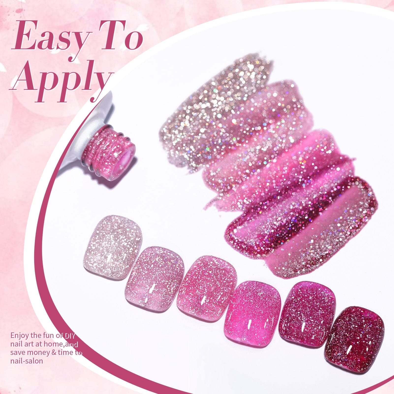 6 Colors Pink Reflective Glitter Gel Nail Polish Set - 7ml Long Lasting UV LED Soak Off Manicure Kit for Nail Salon & Home DIY Use