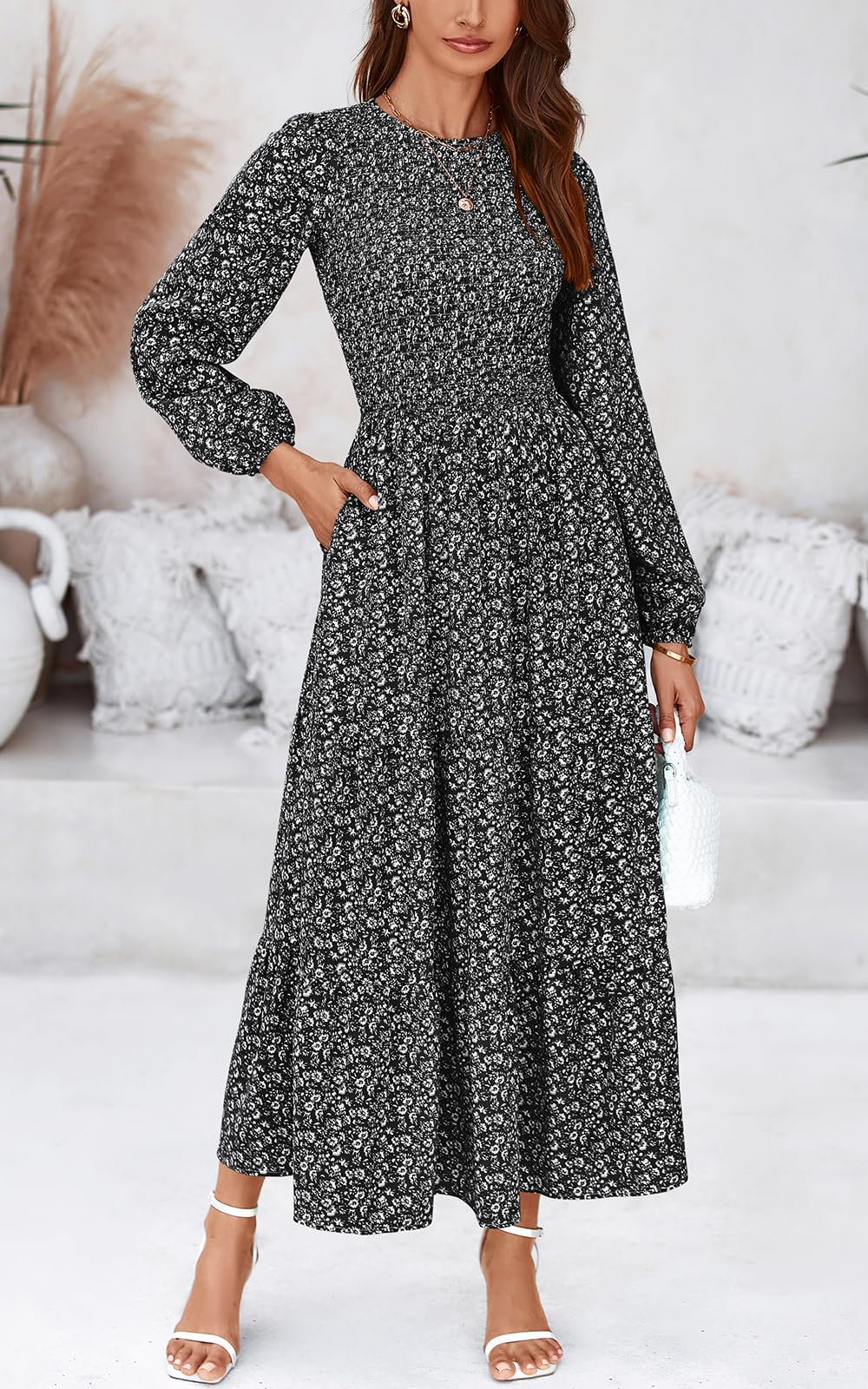 PRETTYGARDEN Women's Floral Maxi Dress Long Sleeve Smocked Tiered Midi Dress - Spring Summer Casual Flowy Dress with Crew Neck for Women | Perfect for Beach Vacation, Date Night & Outdoor Parties