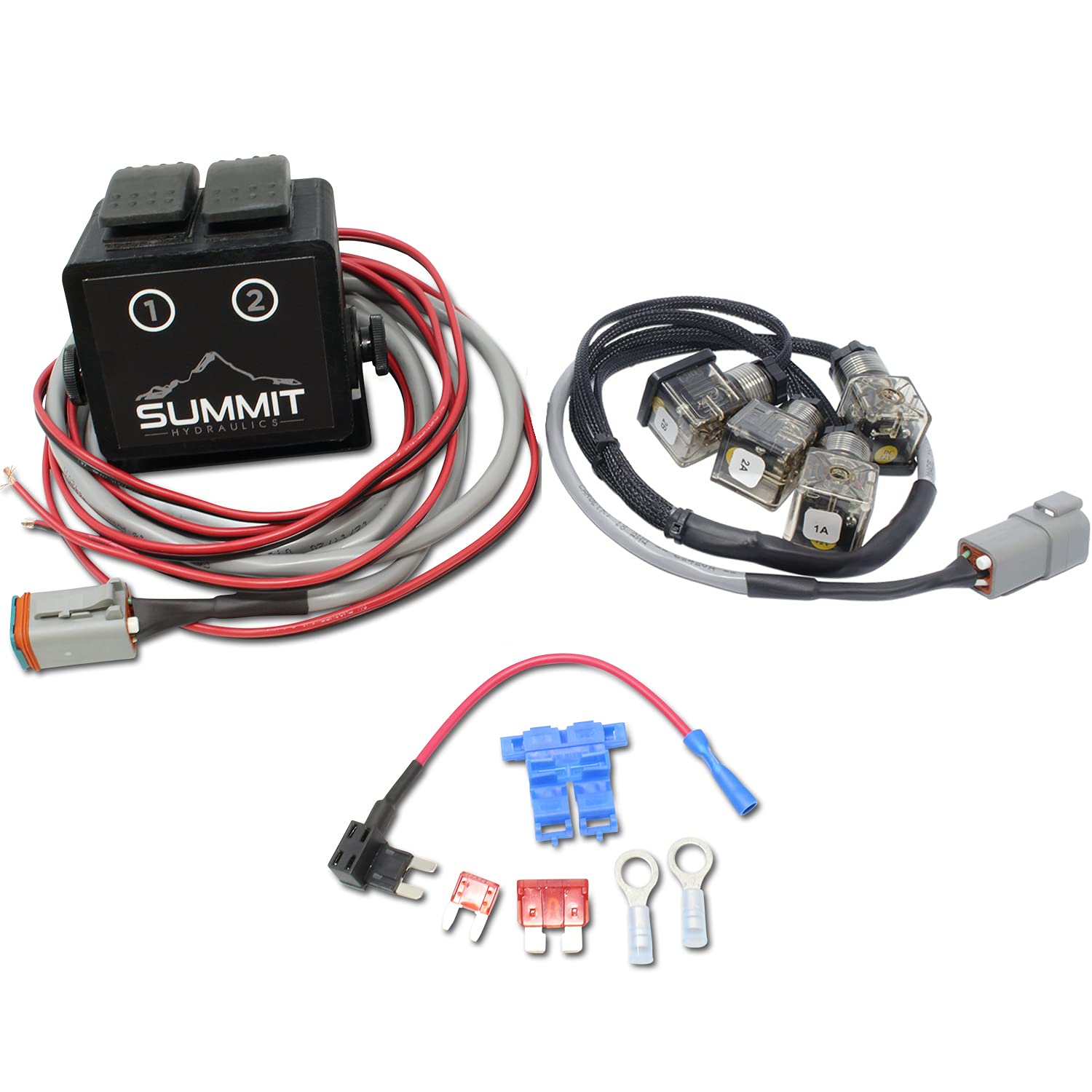 2 Spool Monoblock Valve Momentary Switch Control Box with DIN Connectors - Hydraulic Valve Harness for Tractors, Excavators & Heavy Equipment