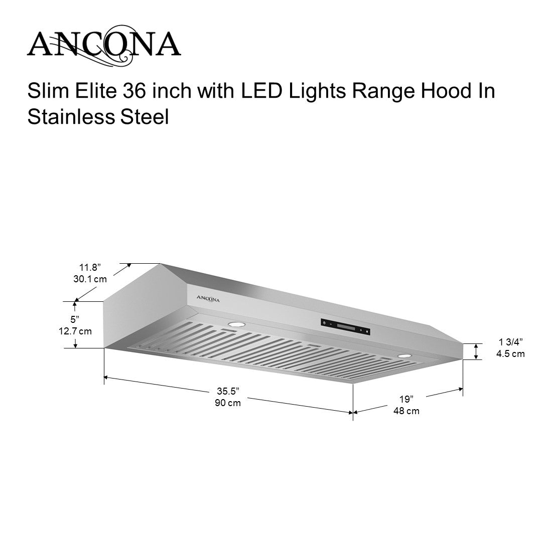 Slim Elite 36 Inch Stainless Steel LED Under Cabinet Range Hood - Powerful Kitchen Ventilation for Cooking, Grilling & Smoke Removal