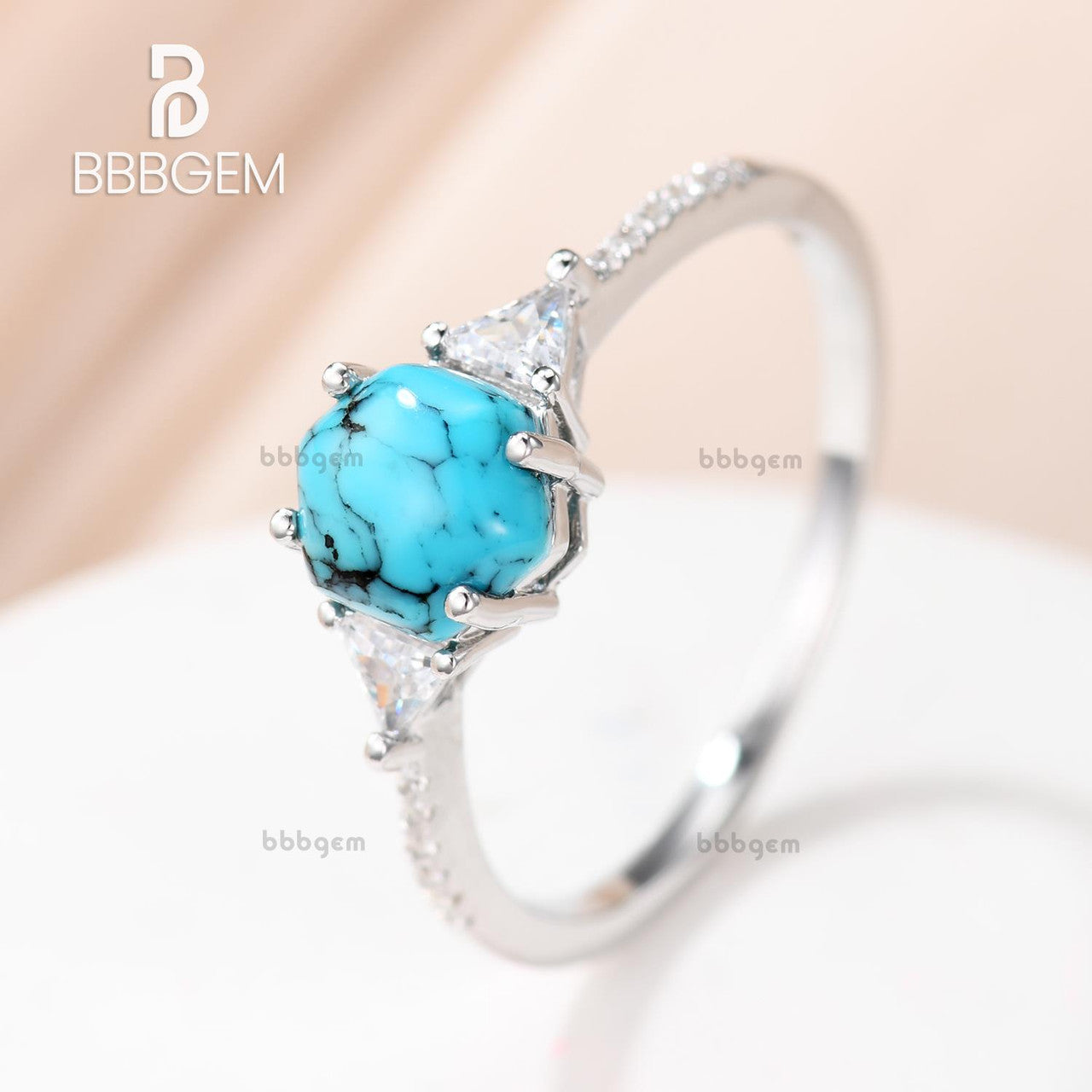 Three Stone Hexagonal Turquoise Engagement Ring with Triangle Moissanite Basket Setting - Unique Vintage Style Wedding Band for Women, Perfect for Proposals, Anniversaries & Special Occasions