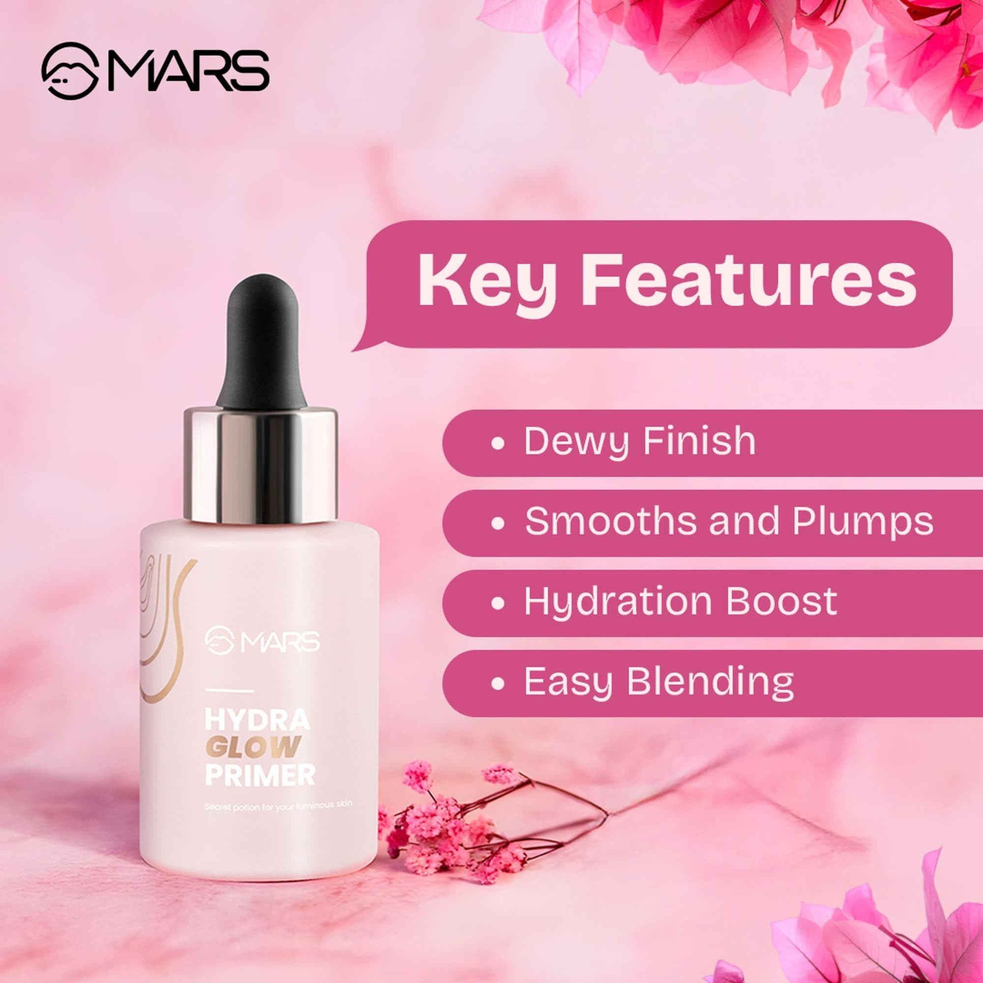 MARS Hydra Glow Face Primer with Hyaluronic Acid & Argan Oil - 30ml Makeup Base for Dewy Skin, Moisturizing & Radiance - Infused with Aloe Vera & Chamomile Water - Perfect for Daily Makeup, Bridal Looks & Photo Shoots