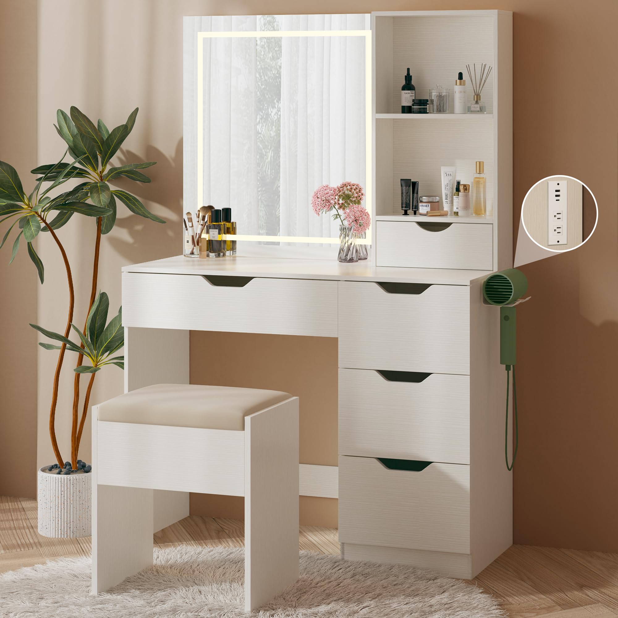 Vanity Desk with LED Lights Mirror & Power Outlet - 3 Adjustable Lighting Colors, 5 Storage Drawers, Makeup Vanity Set with Cushioned Stool - Perfect for Bedroom, Dressing Room & Home Salon (White)