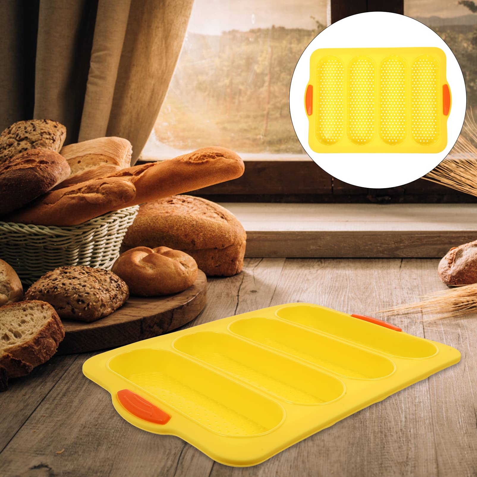 Nonstick Silicone Bread Loaf Pan - 4 Loaf Perforated French Bread Baking Tray for Oven Cooking | Perfect for French Toast, Italian Bread & Homemade Artisan Baking | Durable & Easy Clean Yellow Silicone Pan